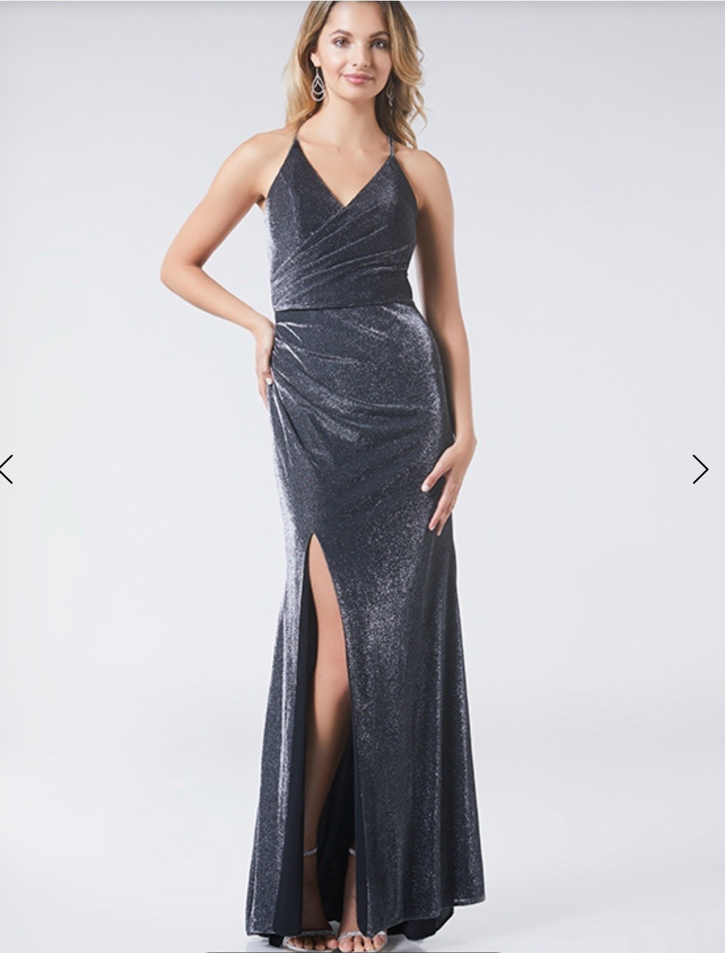 Dress The Population Silver Glitter Velvet V-Neck Long Gown M Side Slit Zip