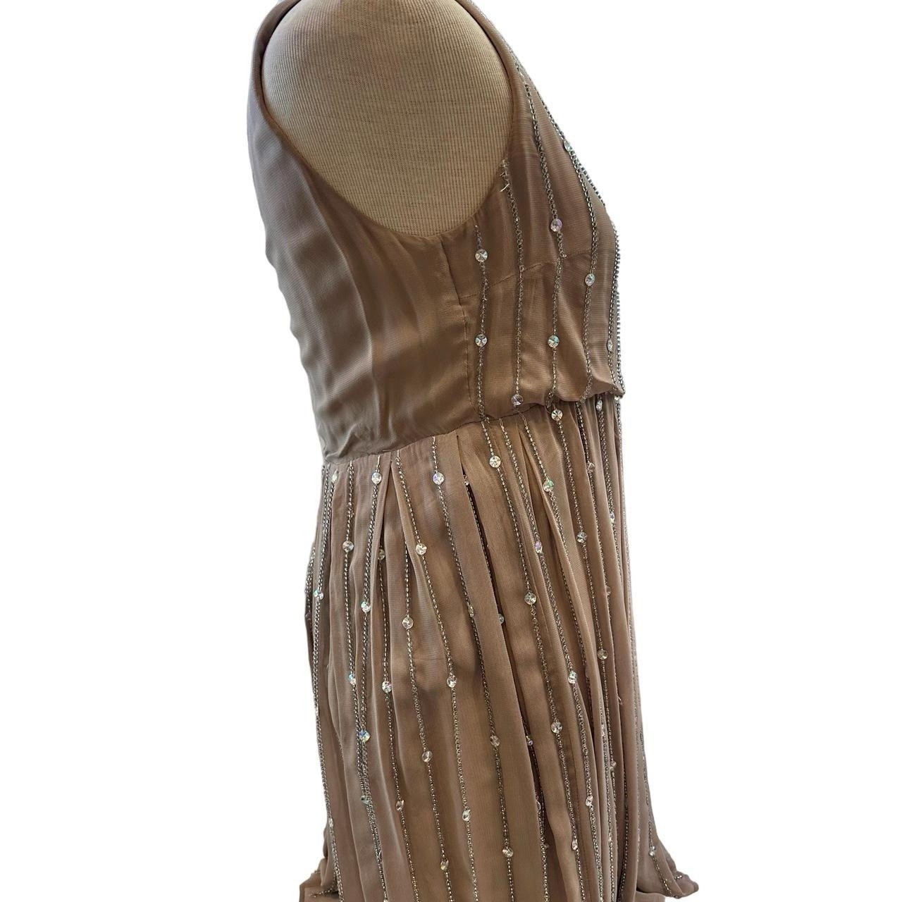 Champagne Taupe Rhinestone Beaded Goddess Dress Open Back Pleated Forma
