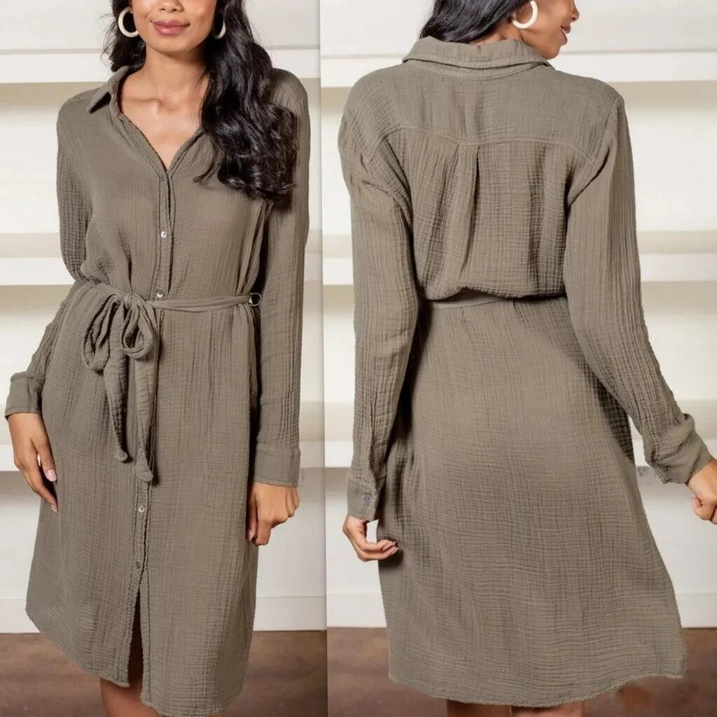 MICHAEL STARS Cotton Gauze Belted Button Down Shirt Dress CLEO Sz M in Olive