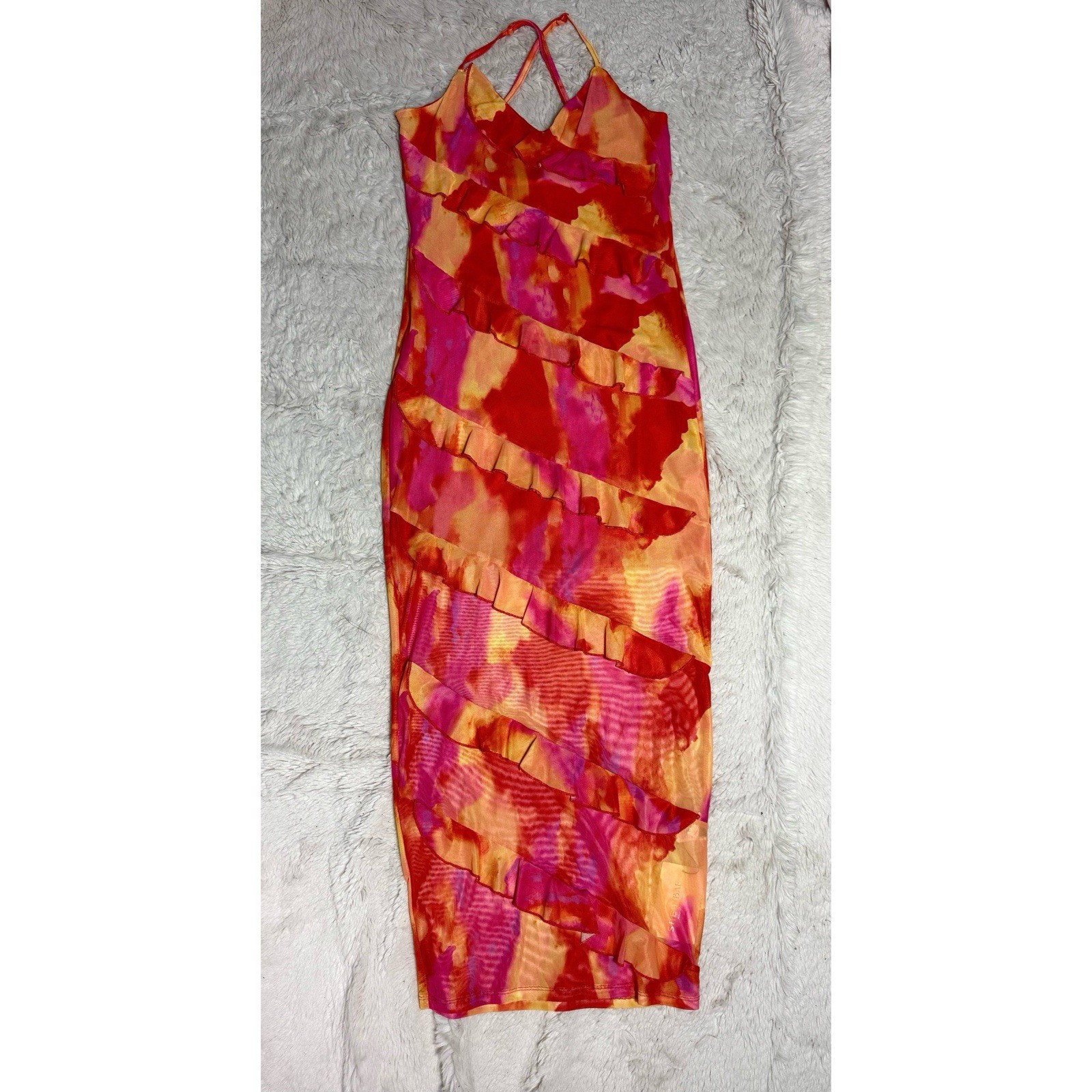 Shein BAE Pink Orange Tie Dye Ruffle Midi Bodycon Dress Curve XL 0XL NWT