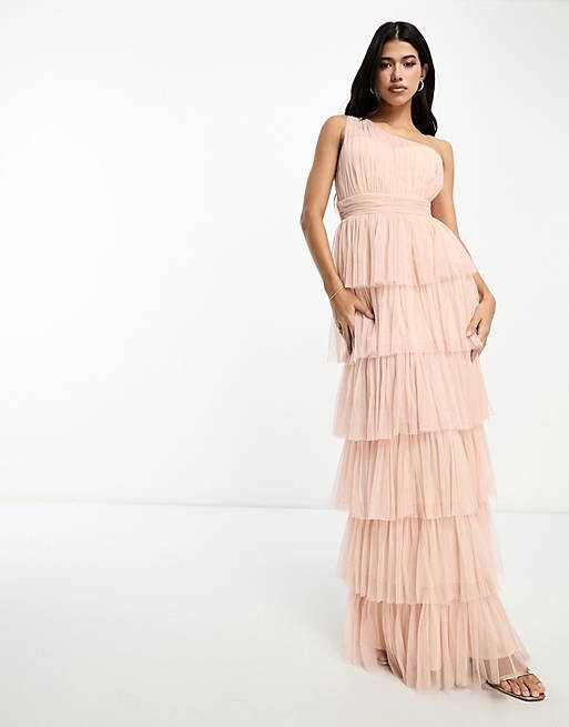 BEAUUT Maternity Bridesmaid Pink One Shoulder Tiered Tulle Maxi Dress UK 12 NEW