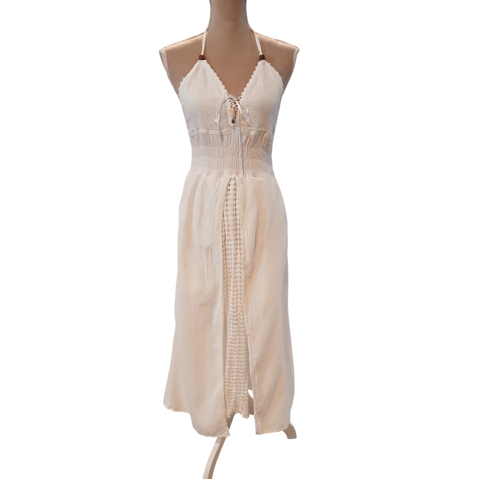 Seaspice Resort Wear Small White 100% Peruvian Cotton Halter Split Midi Dress