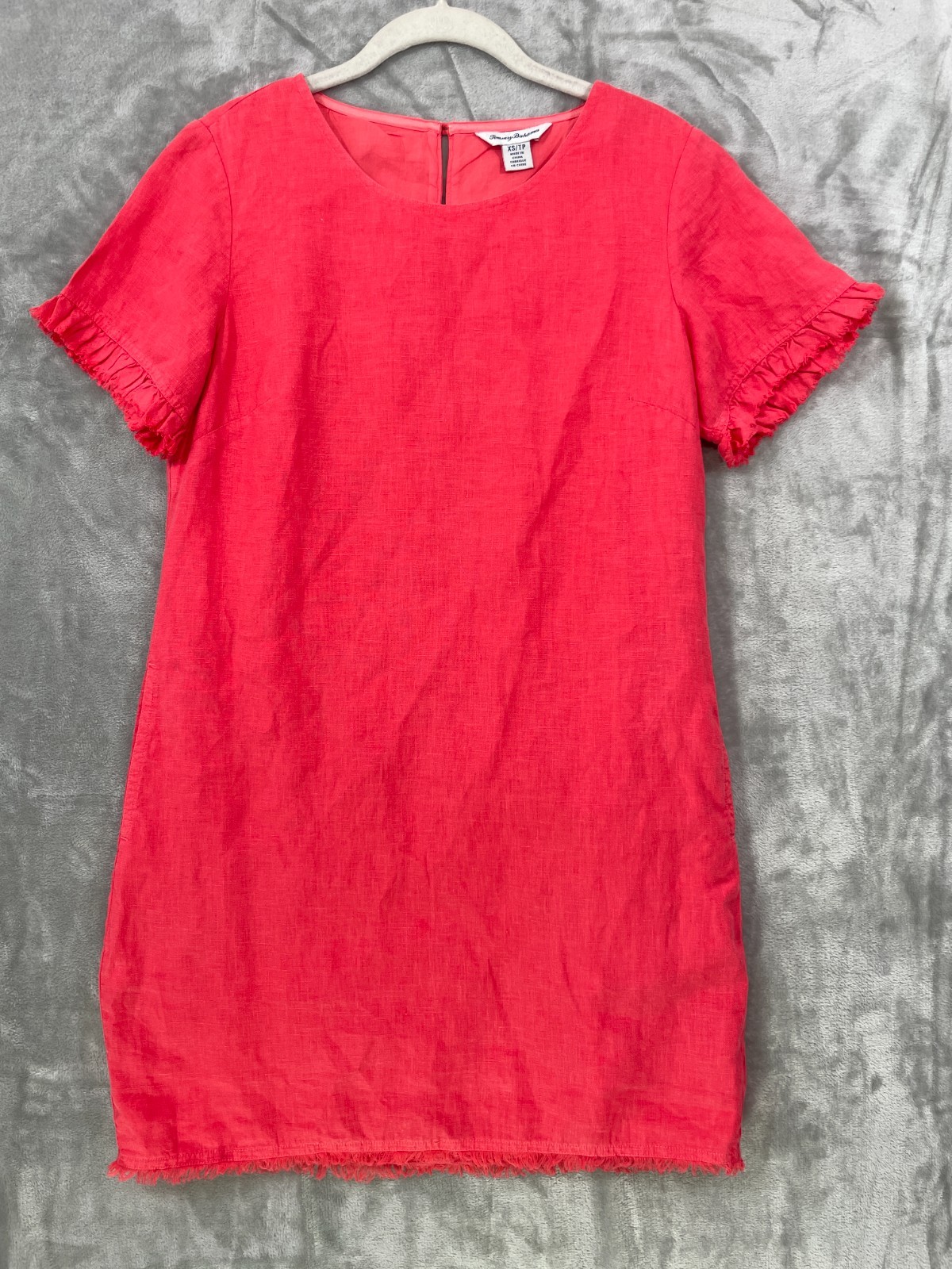 Tommy Bahama 100% Linen Mini Dress Womens XS Lined Pockets Red Fringe Hem Resort