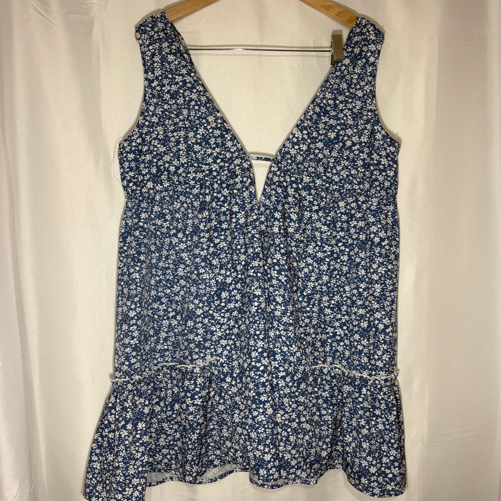 Blue Floral Babydoll Mini Dress Deep V-Neck Adjustable Waist Tie Size M