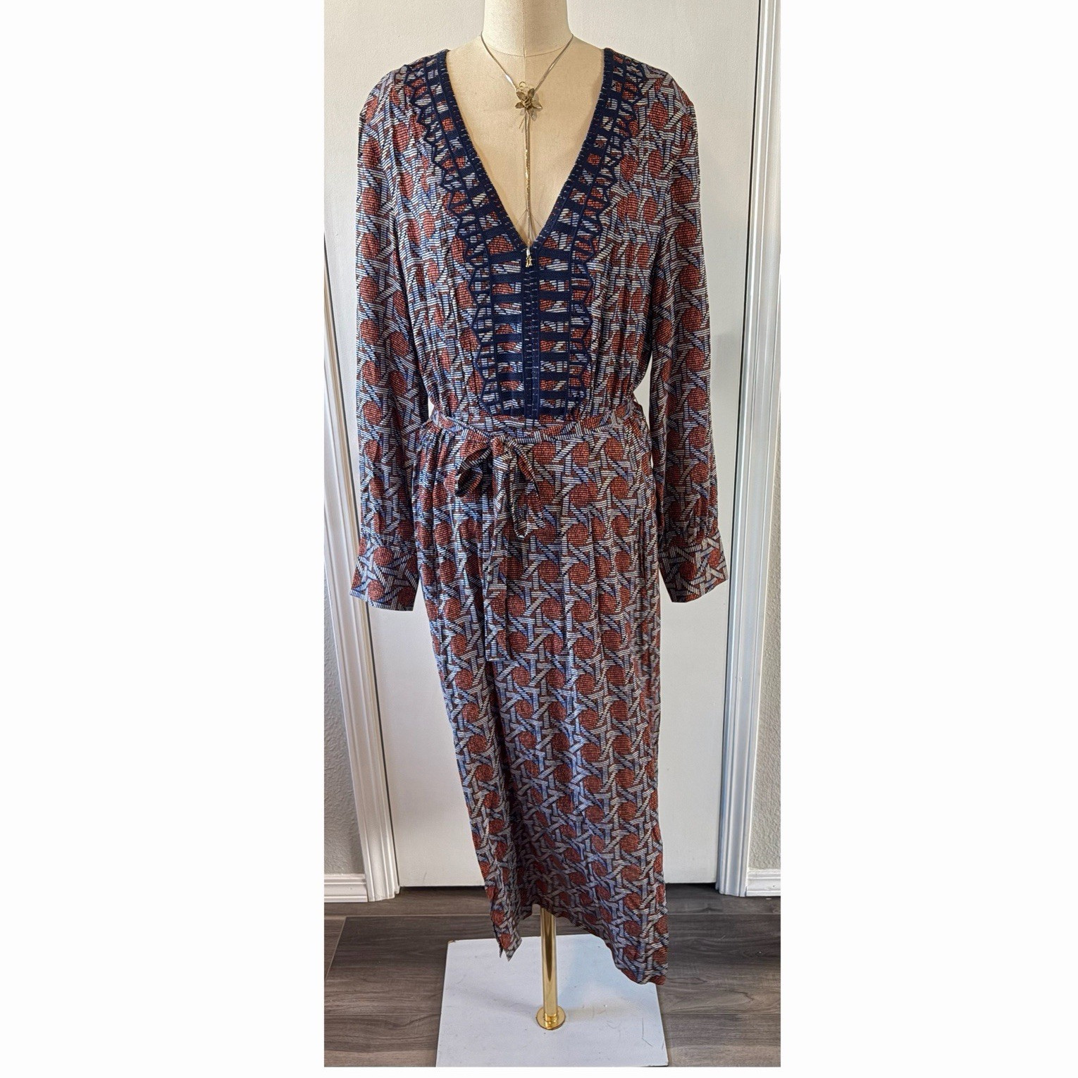 Hazel Geometric Caftan Midi-maxi Dress V-Neck Long Sleeve Belted Rayon Zip M