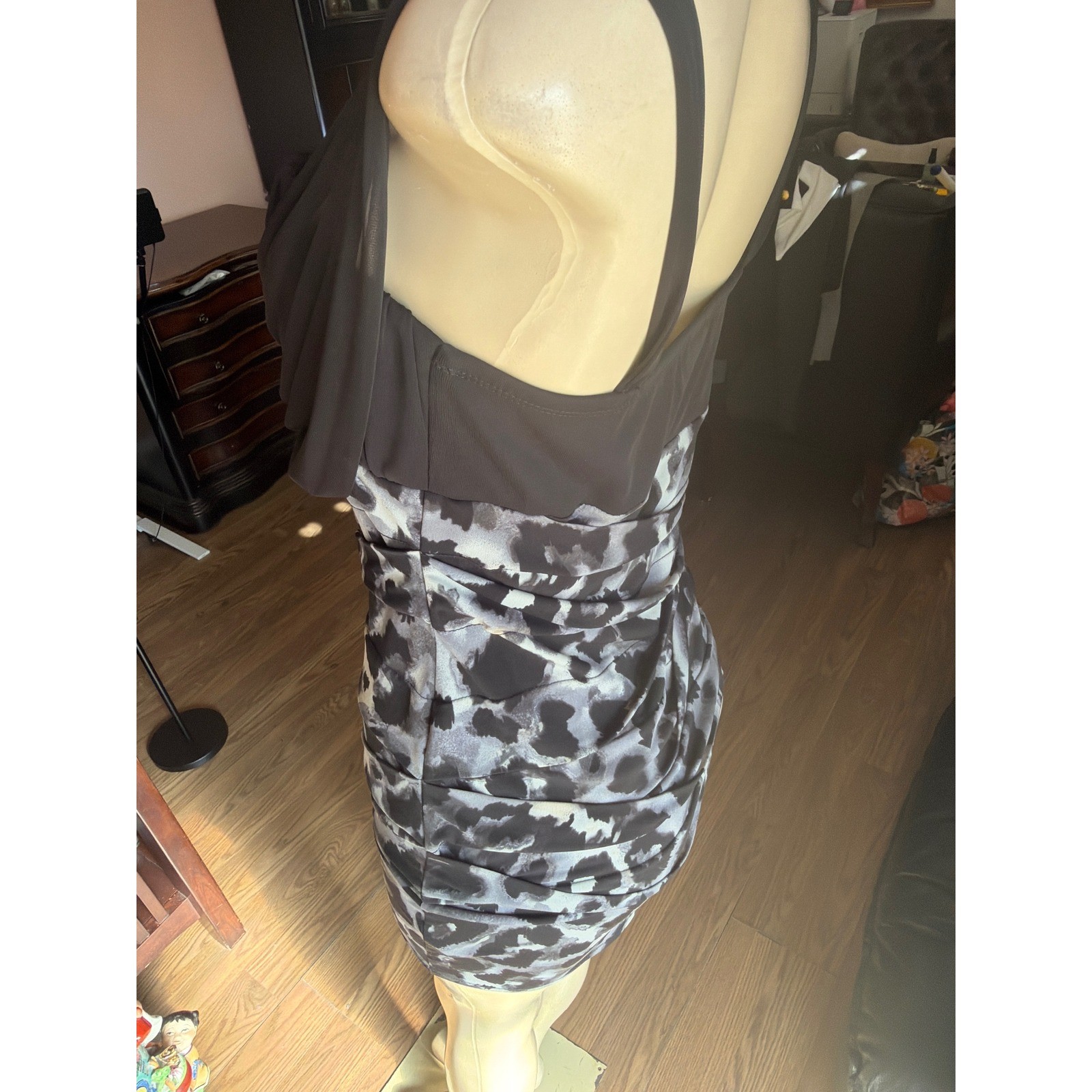 Black Ruched Bodycon Mini Dress Grey Animal Print Sleeveless Cocktail Dress