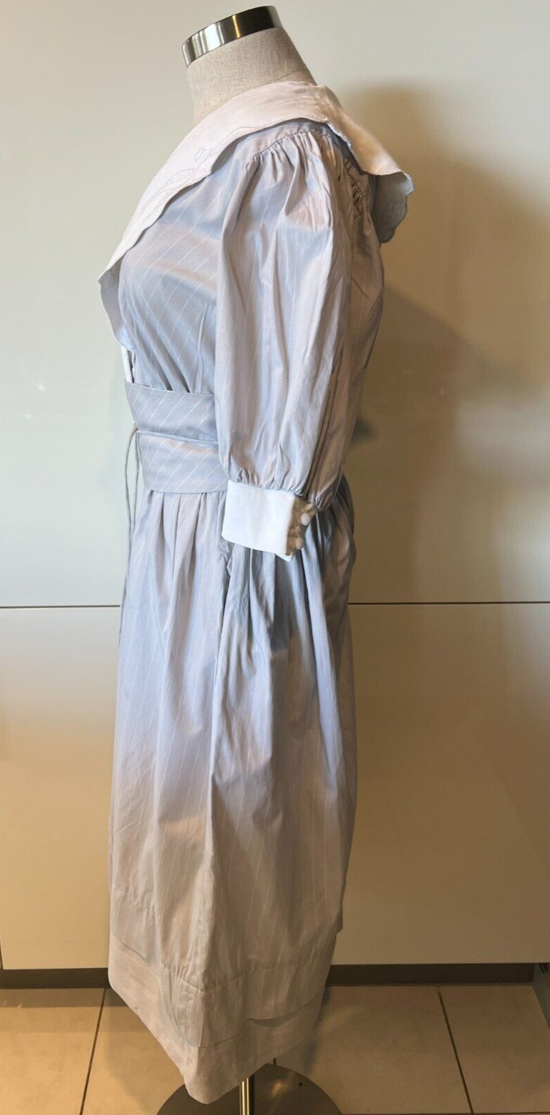 PRUE ACTON Vintage 70s Grey/White Stripe Collared, Cotton Dress 8-10AUS/4-6US