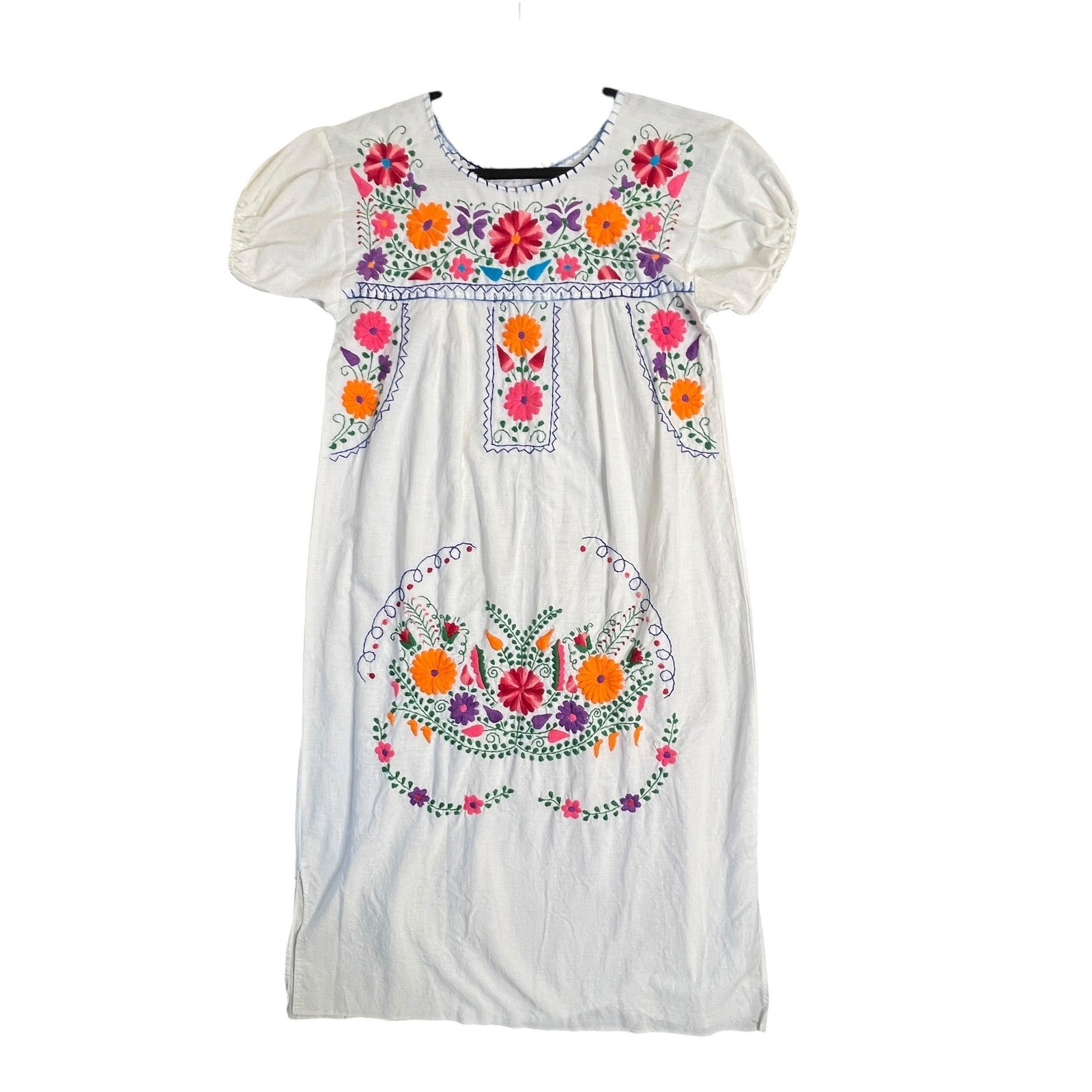 Mexican Peasant Dress Womens Small White Floral Hand Embroidered Folk Art
