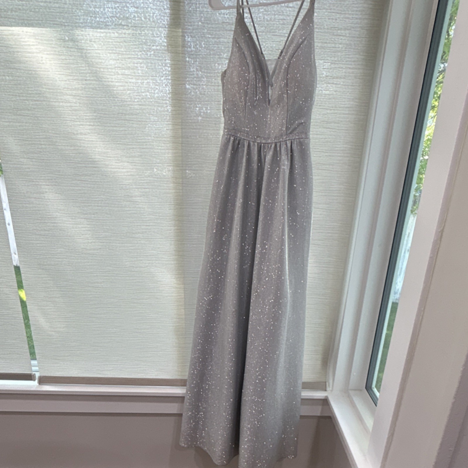 Crystal Doll Silver Satin Glitter Beaded Strappy Long Gown Dress Size 5 V-Neck