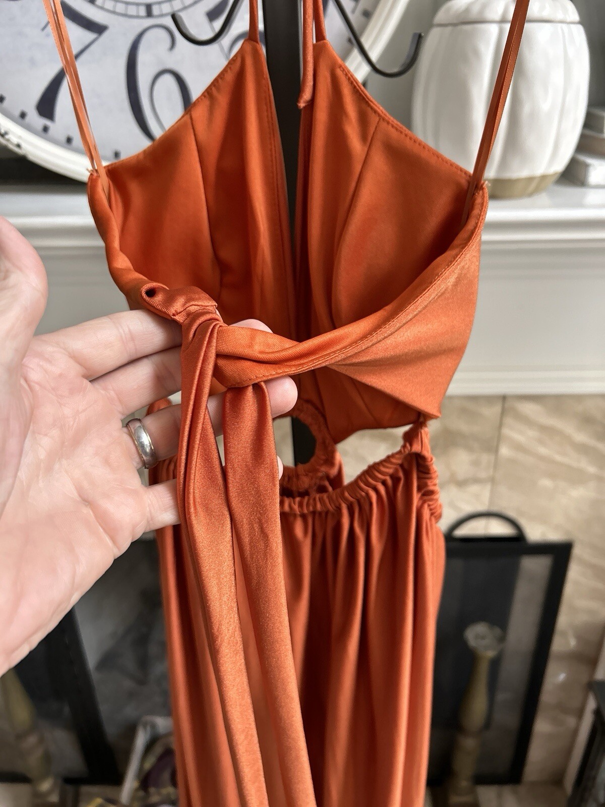 NEW NWT – MISS AVENUE O-Ring Cut Out Double Slit Maxi Dress – Cognac – M
