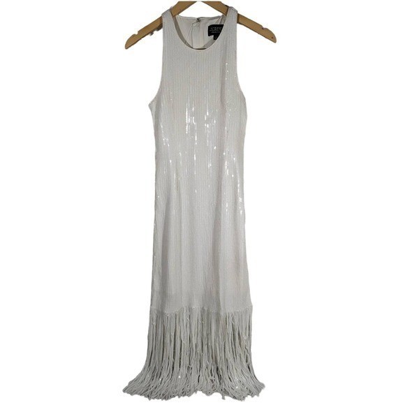 J. Crew Collection White Sequin Fringe Maxi Dress Formal Evening Gown Size 2