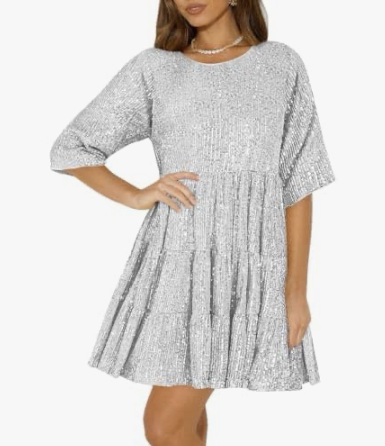 Women Sparkly Sequin Dress Short Flowy Tiered Tunic Dress Shiny Loose Glitter S