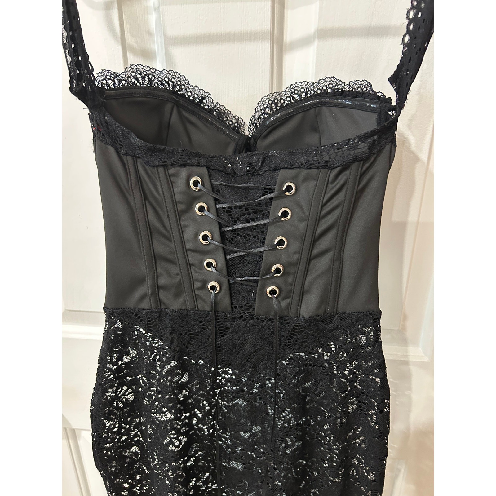 Long Black Sheer Bodice Lace up back corset top dress XS
