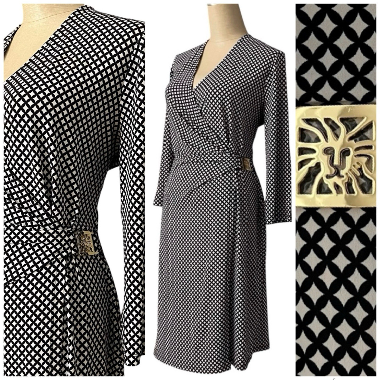 Anne Klein Faux Wrap Dress Black White Elegant Classic Women’s Large Vintage
