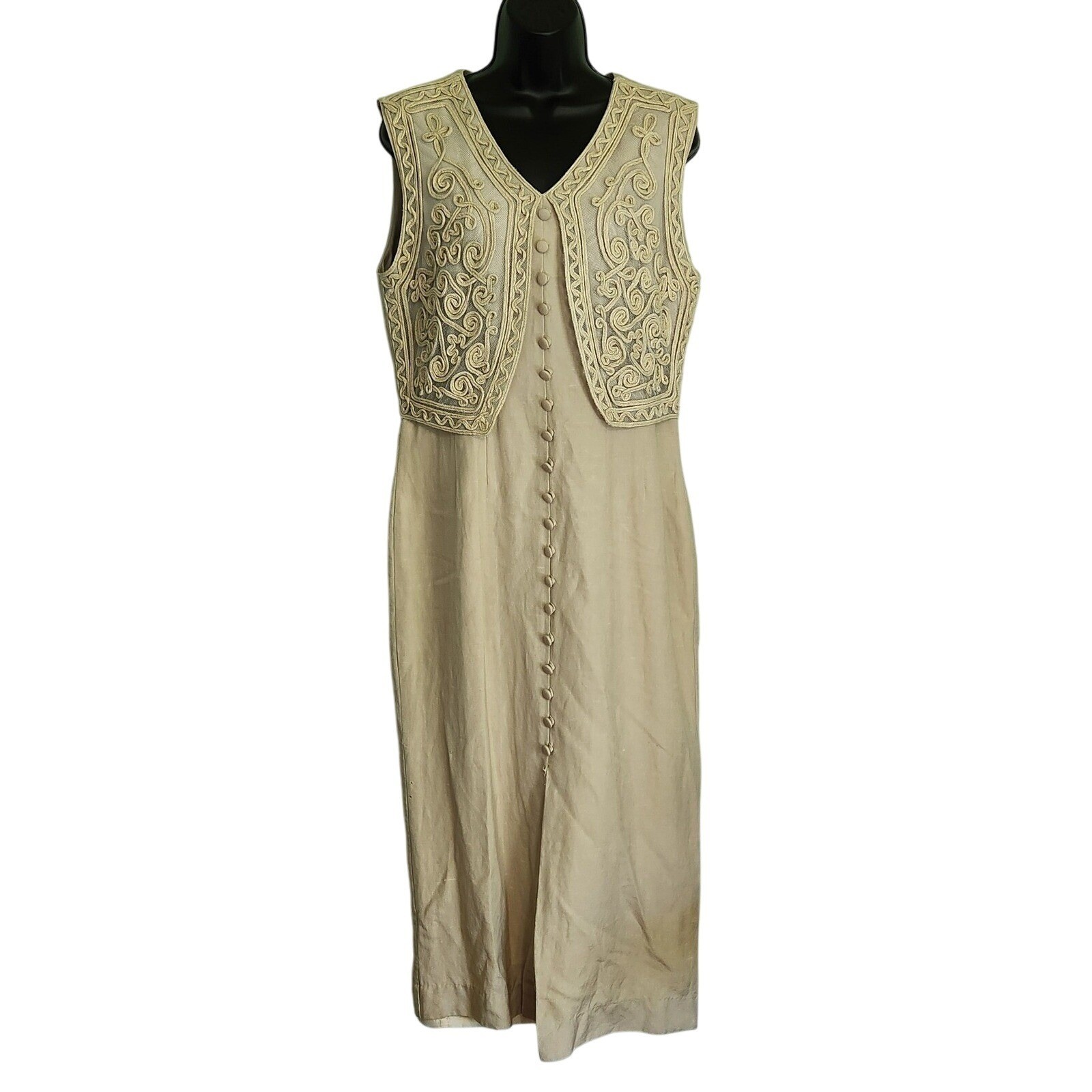 Vintage Appraisal Vested Linen Dress Sleeveless Midi Beige Womens 11/12
