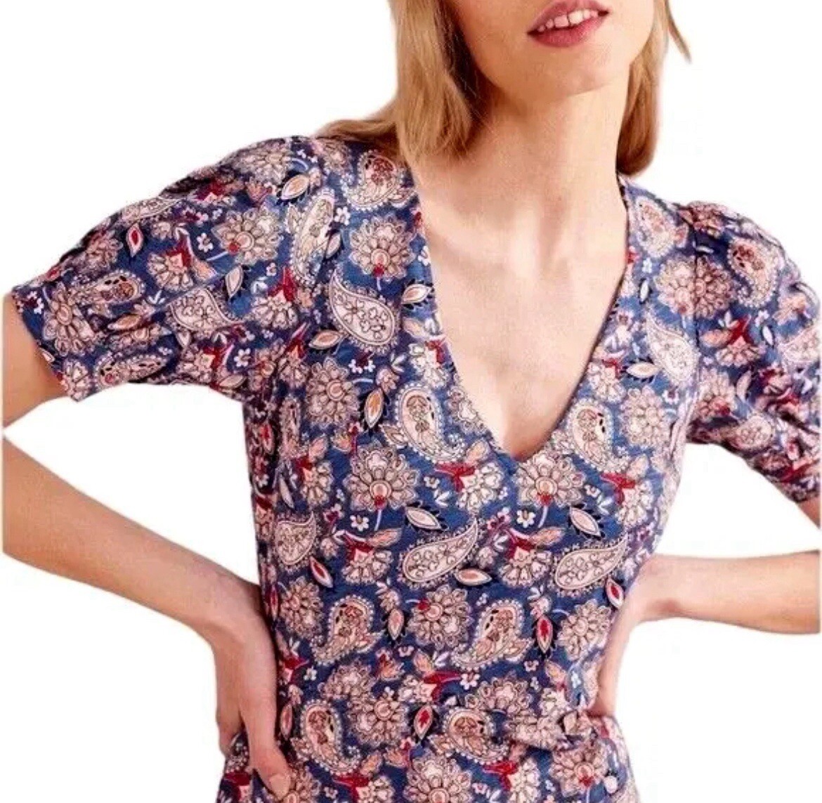 NWT BODEN V Neck Puff Sleeve Paisley Print Jersey Mini Dress 100% Cotton Sz 2R