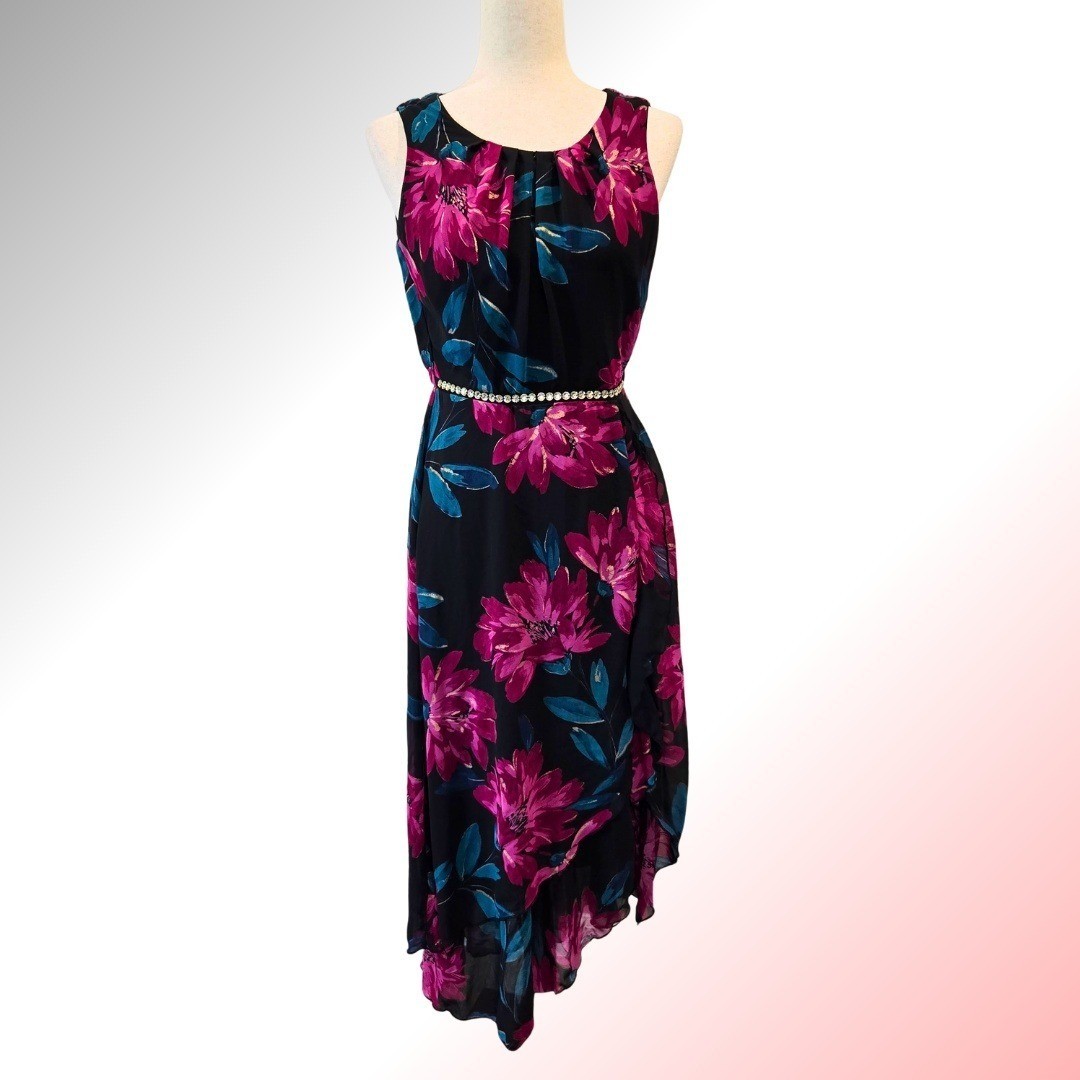 Midi Dress Black Magenta Bloom Wedding Guest Asymmetrical Hem Romantic Flowy
