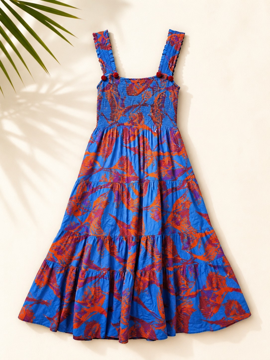FIGUE Maxi Dress XS Tiered Smocked Tropical Print 100% Cotton and Pockets EUC