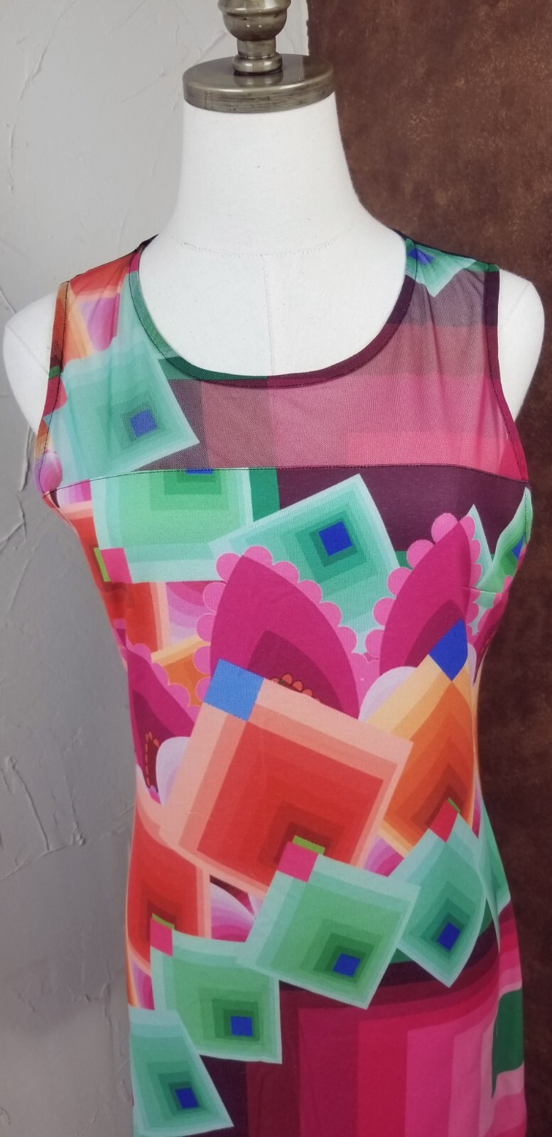 Desigual Sleeveless Sheath Bodycon Dress L Pink Green Margaret Preto Geometric
