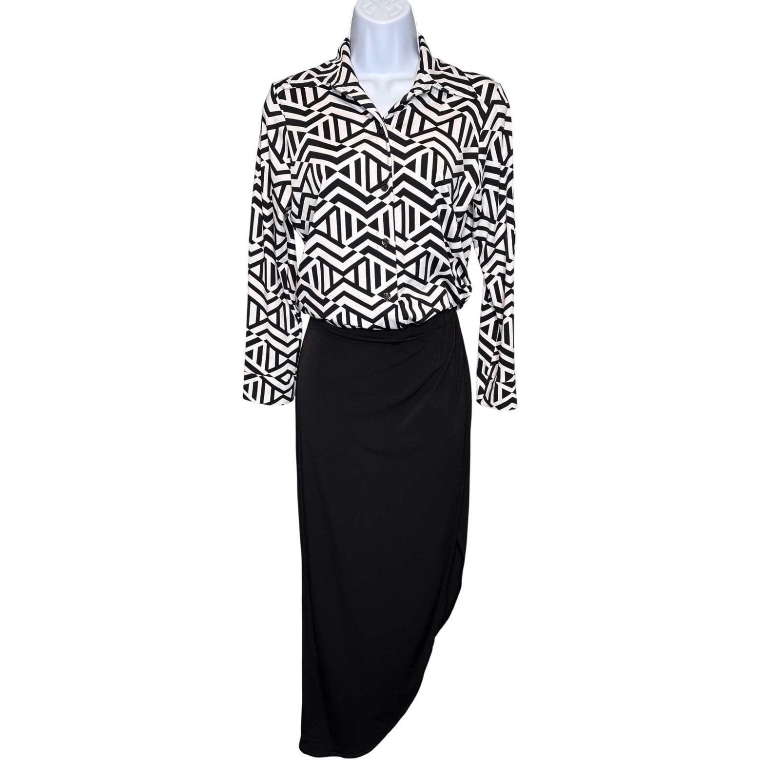 NWT Julian Chang Womens Black White Geometric Asymmetrical Maxi Dress Sz S Chic