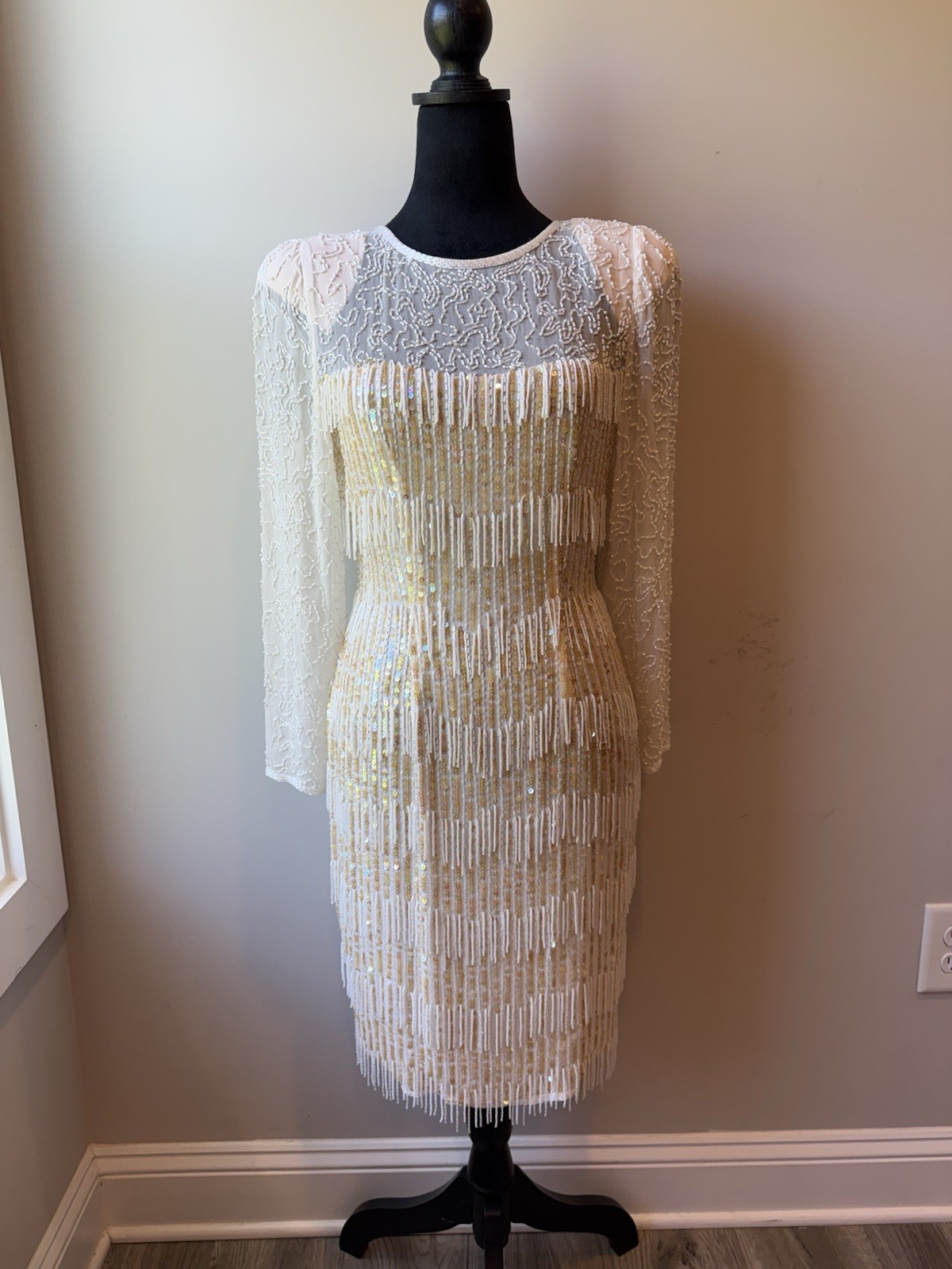 Vintage AJ Bari Petites Silk Beaded Fringe Sequin Dress Ivory 6P Fits Like 2-4