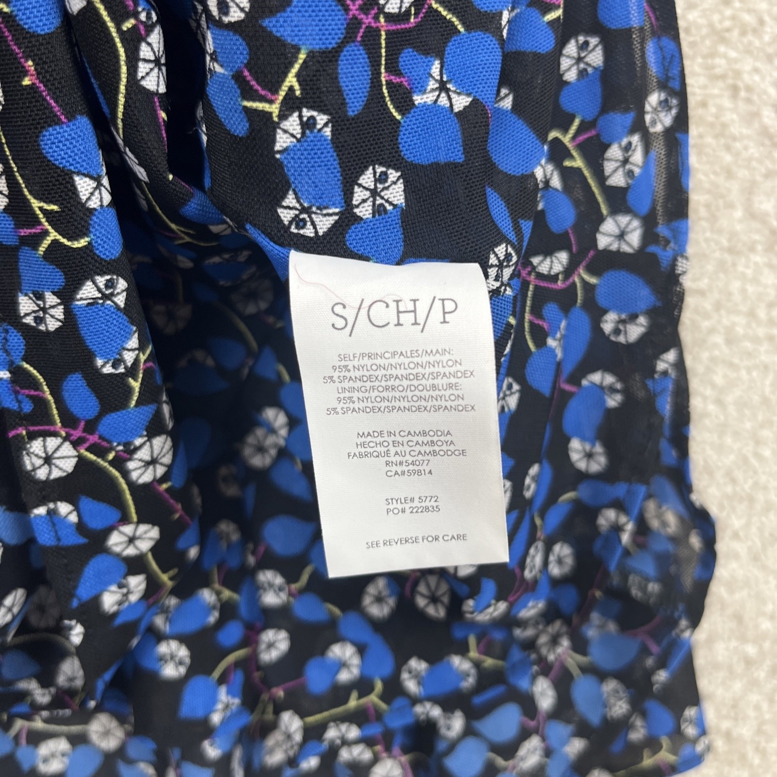 Cabi Dress Womens Small Blue Black Floral Long Sleeve Ruched Boho Fall- 3591