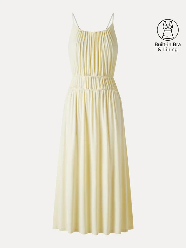 Women’s U Neck Spaghetti Strap Midi Dress Built In Bra Pockets, Yellow, Freeship