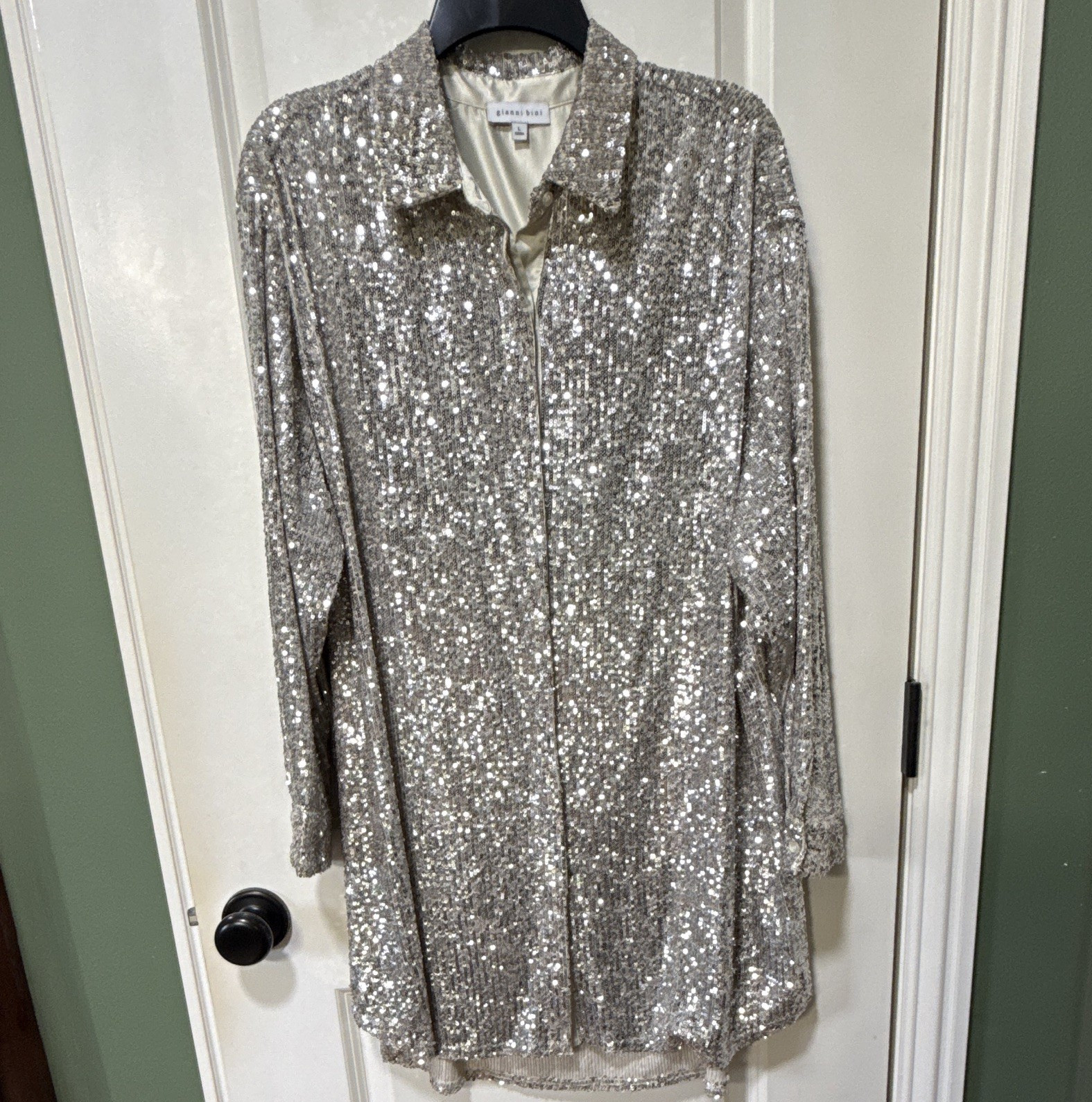 Gianni Bini Silver Sequin Shirt Dress Collared Long Sleeve Button Front L
