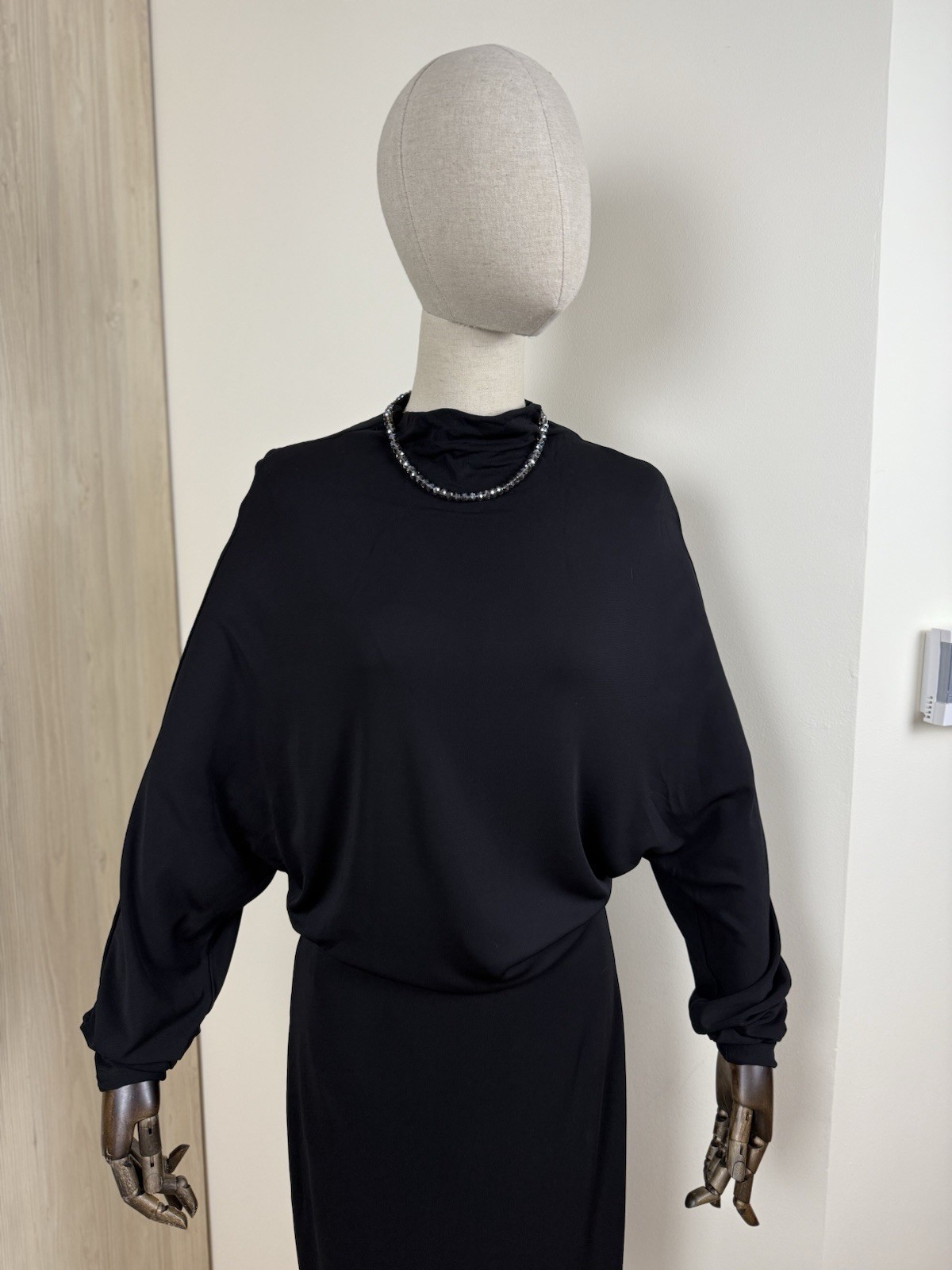 Filippa K Black Minimalist Midi Dress M Draped Batwing Sleeve Scandinavian Chic