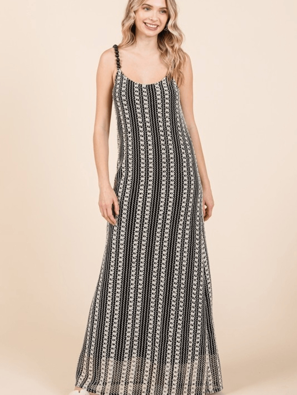 Black and Cream Beaded Shoulder Straps Crochet Tank Maxi Dress Sz 1X