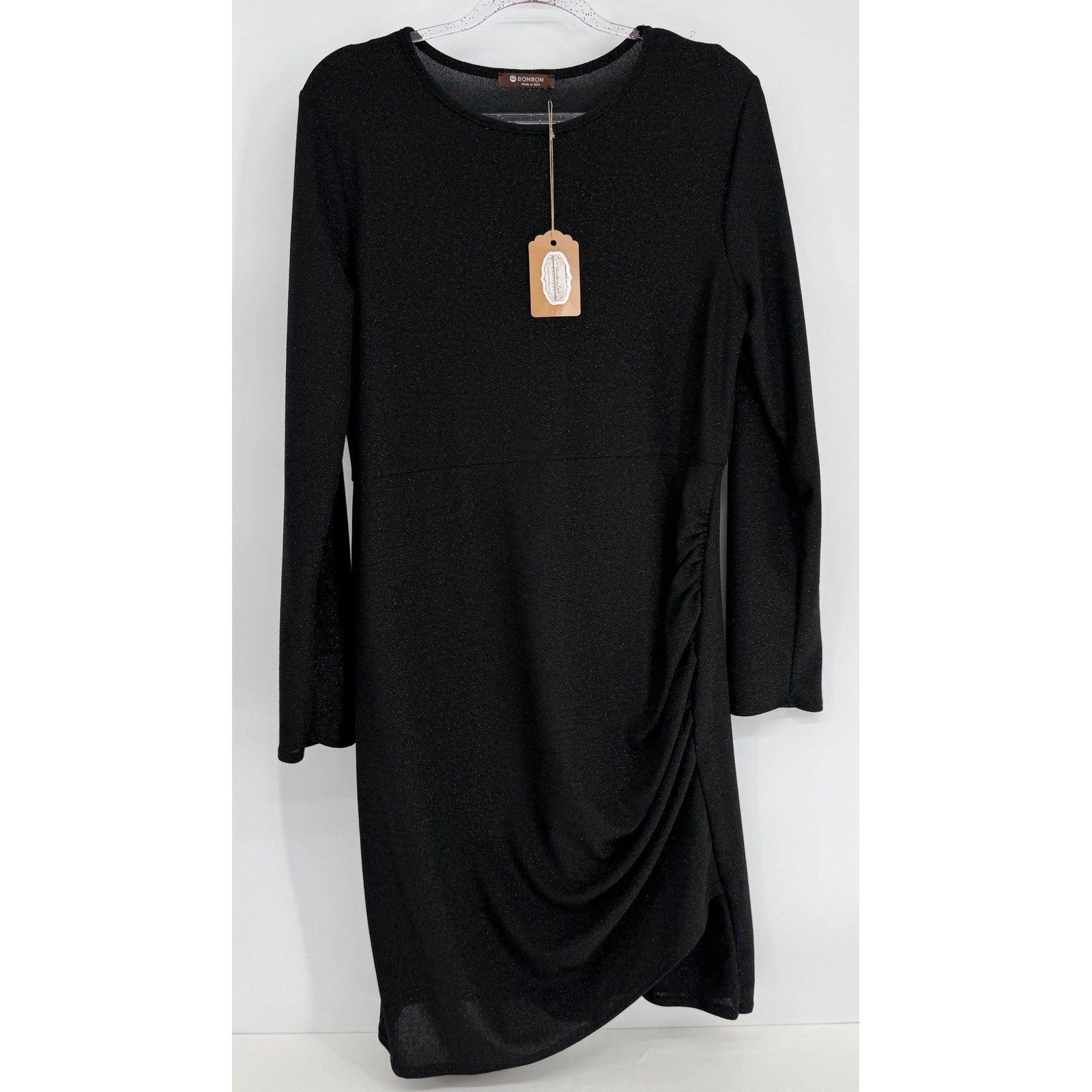 BOMBOM Black Glitter Ruched Midi Dress Long Sleeve Sparkle Sz XL NWT