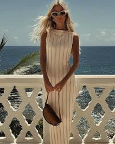 SANCIA Ecru Beige Ivory White Wide Ribbed Knit Margot Midi Maxi Dress XL = 14/16