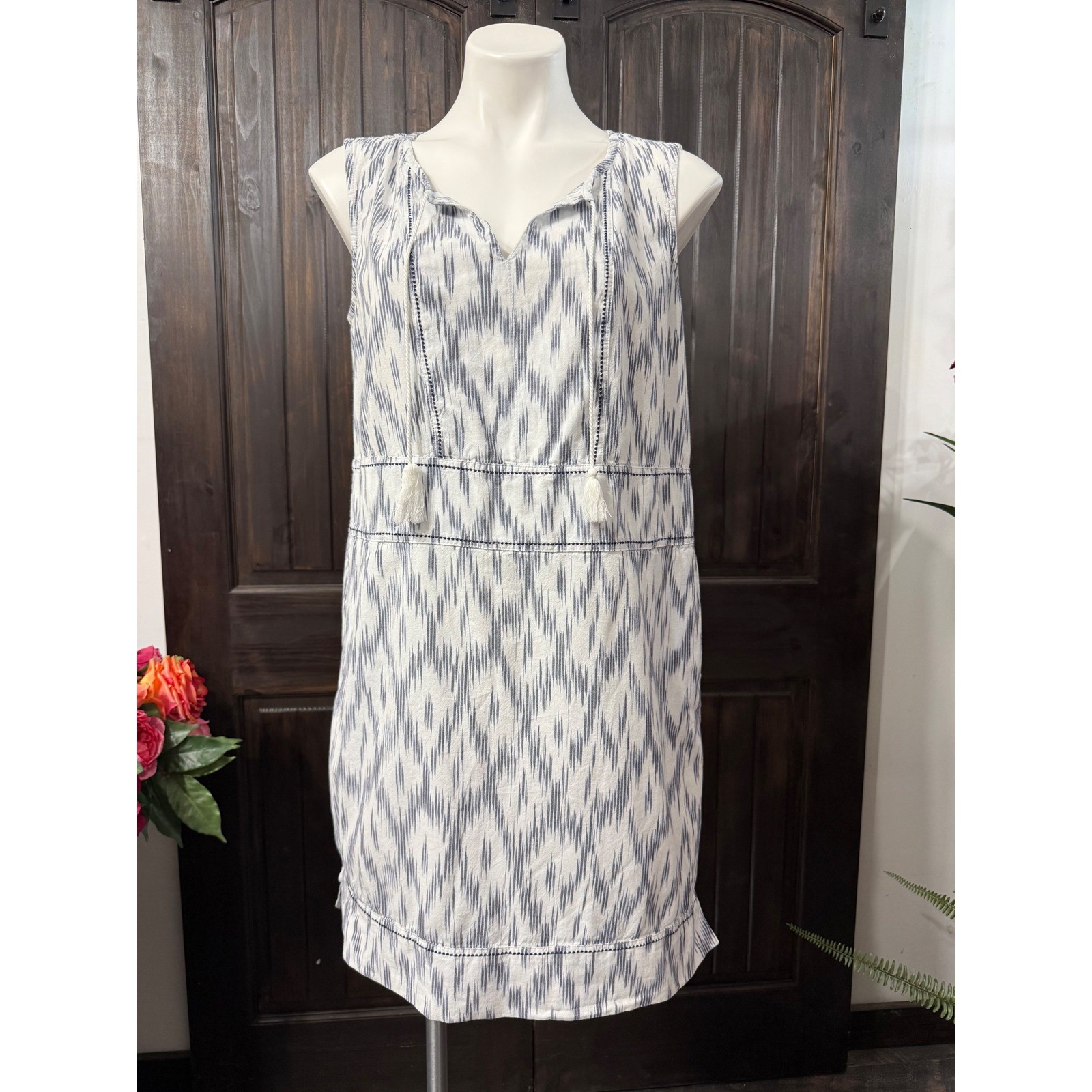 Toad&Co Womens Blue White Ikat Linen Blend Sleeveless Tassel Shift Dress Large