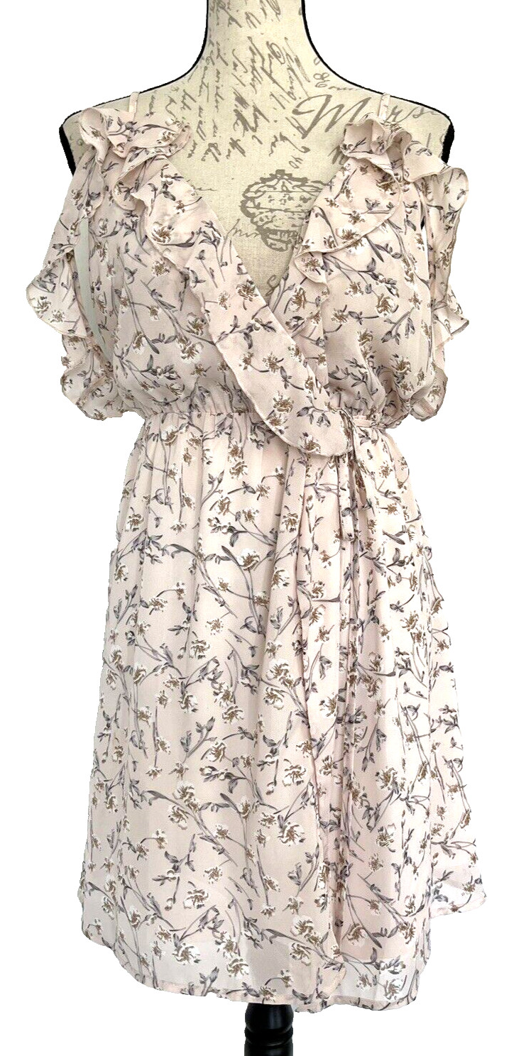 ALYTHEA NEW Women’s Pink Floral Chiffon Ruffle Wrap Dress Cold Shoulder Lined M