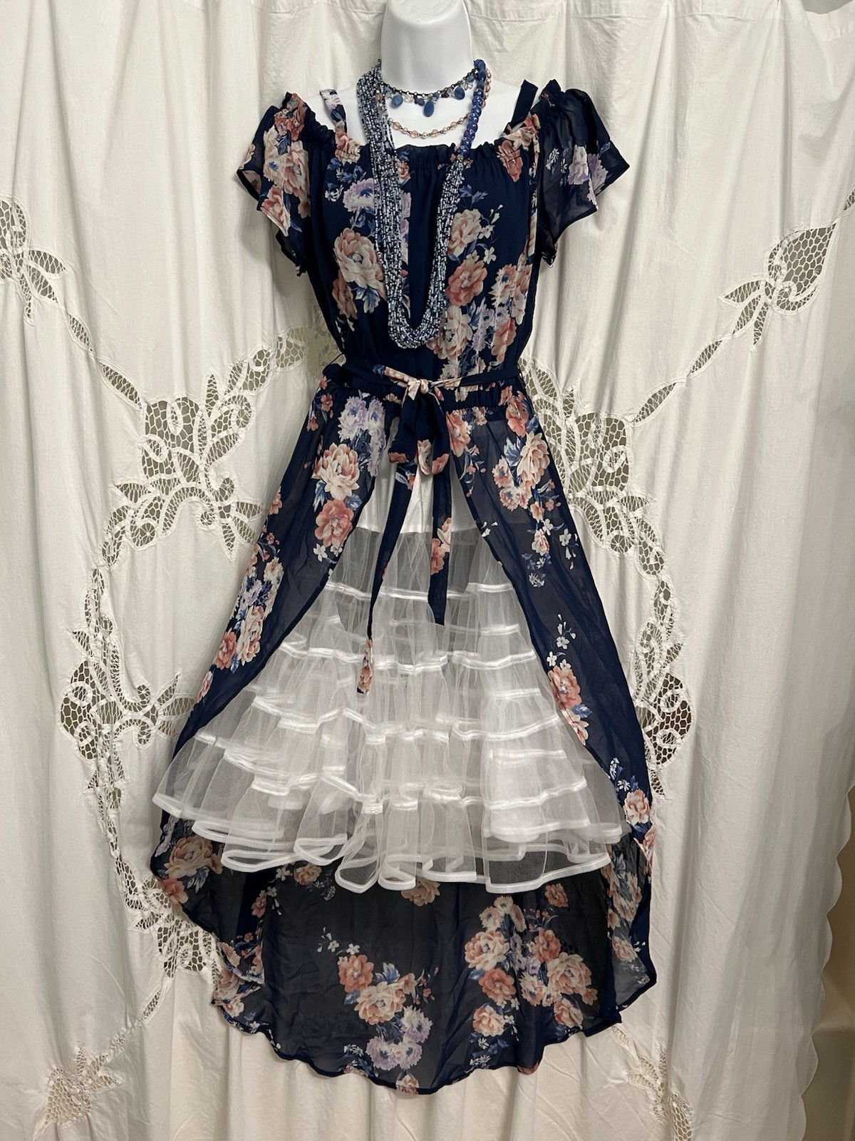 LILY ROSE Dress Blue Floral Hi Low Hemline With Shorts Flutter Sleeve M