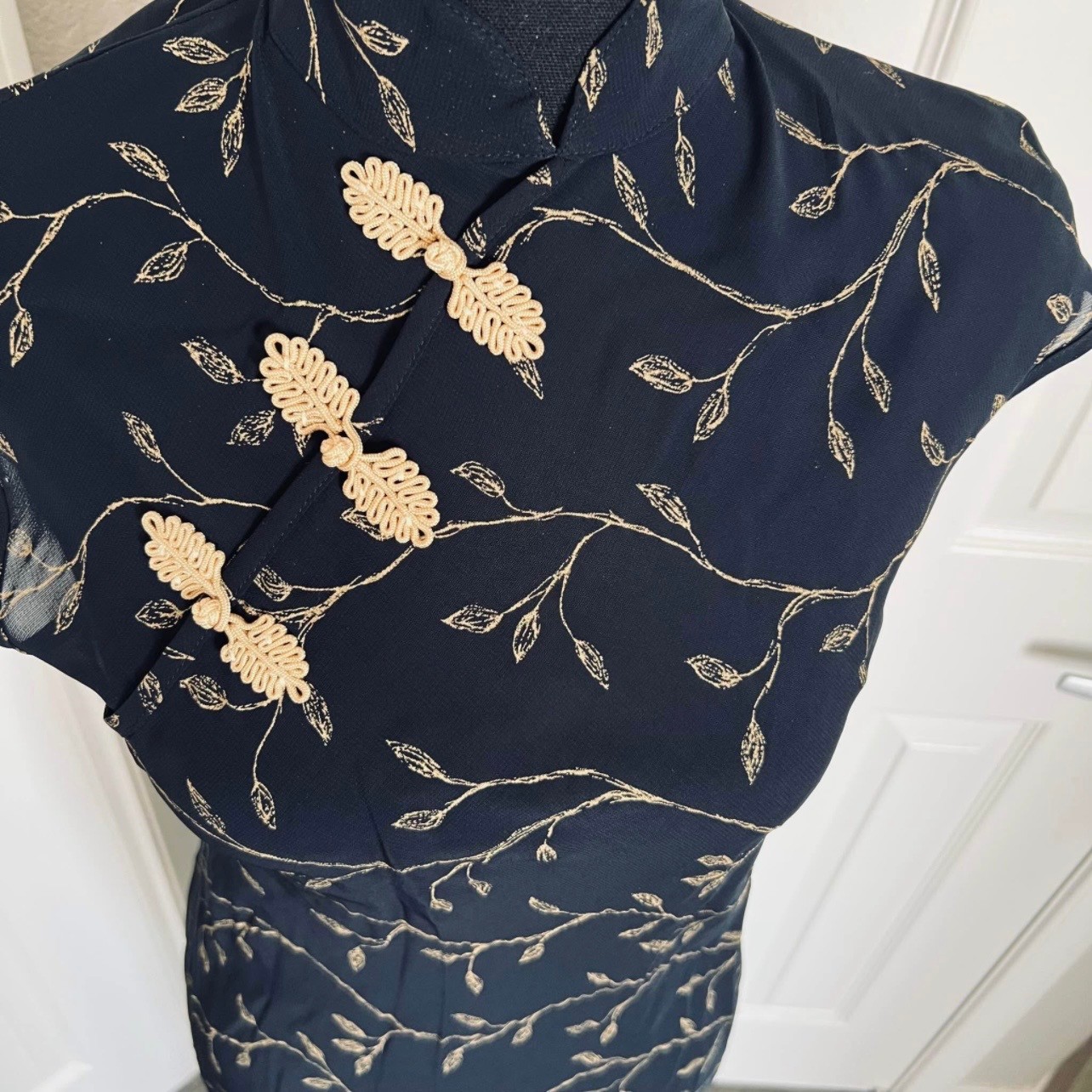 Vintage Sheer Black & Gold Oriental Qipao Chinese Style Dress Size 4