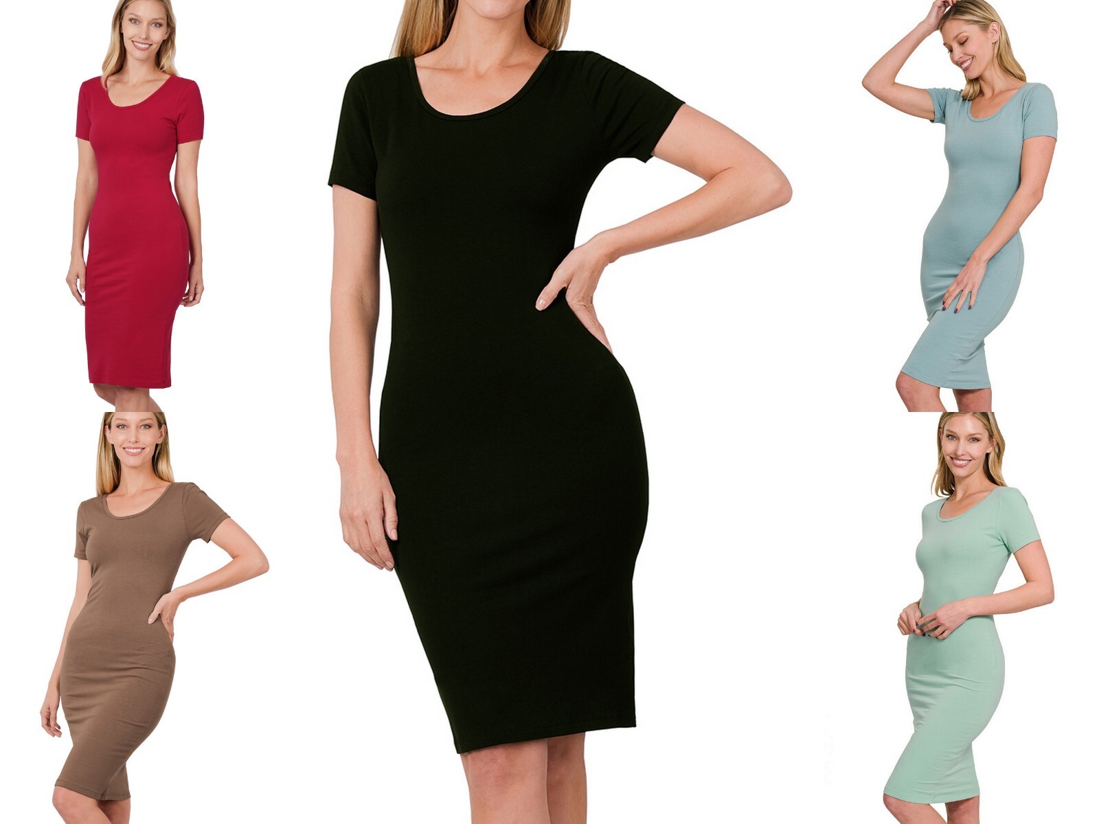 Women’s Scoop Neck Premium Soft Stretch Cotton Short Sleeve Classic Midi Dress