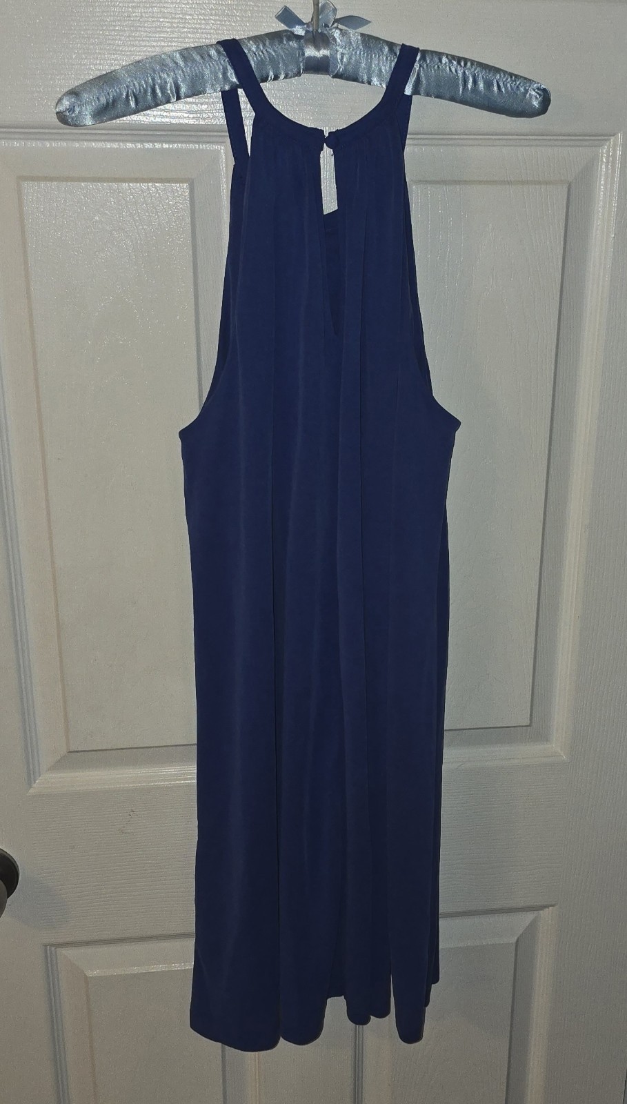 Sigrid Olsen Sz L High Neck Halter Swing Mini Dress Ocean Blue Keyhole Back