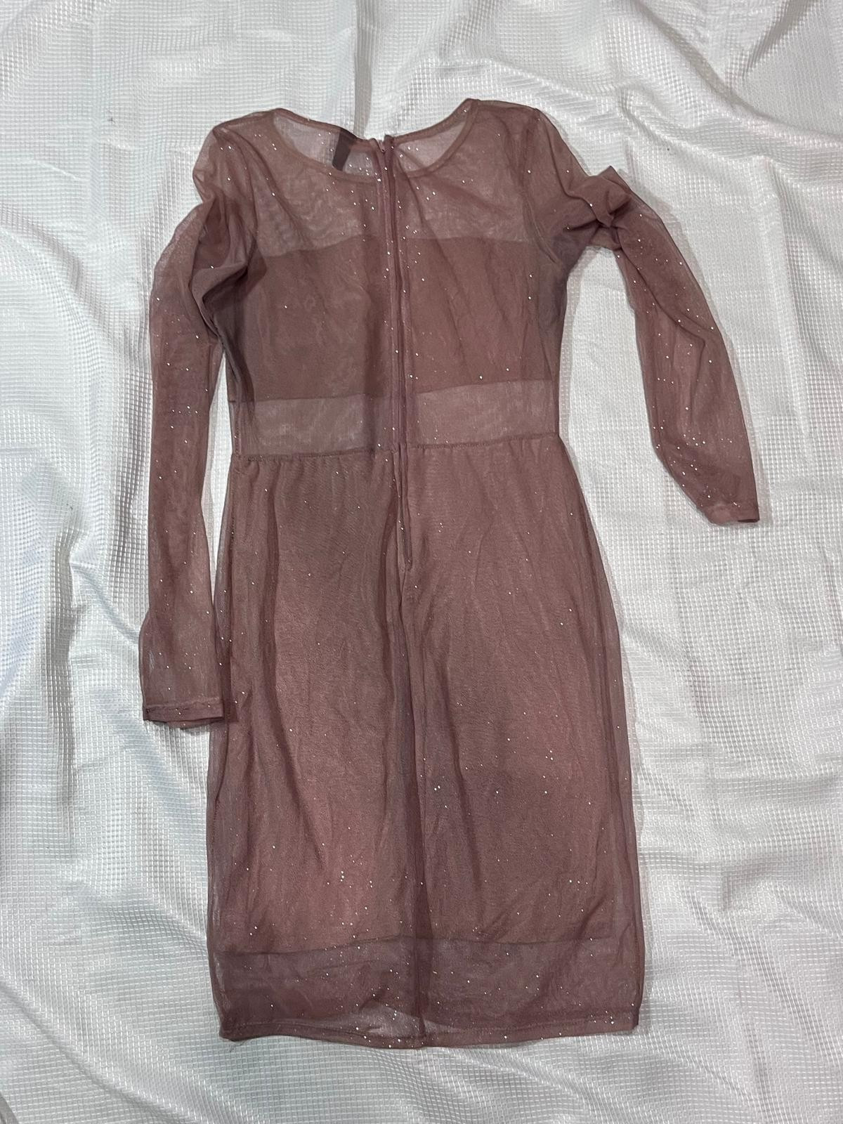 Windsor Sparkly Glitter Mesh Mini Dress Long Sleeve Rose Gold Clubwear sizeS/M