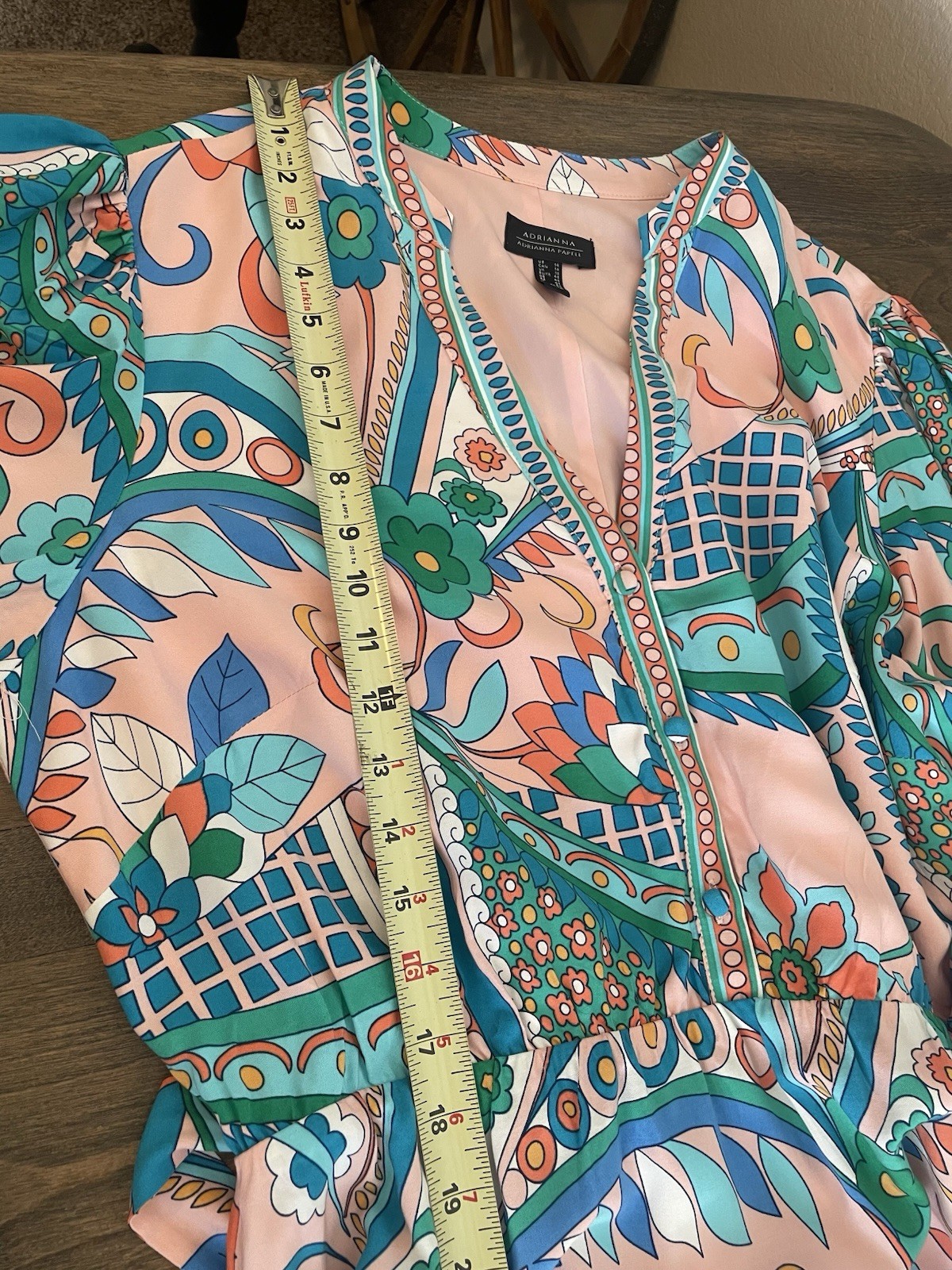 ADRIANNA PAPELL Long Sleeve Retro Print Dress Short Tie Waist Flowy Flouncy 14