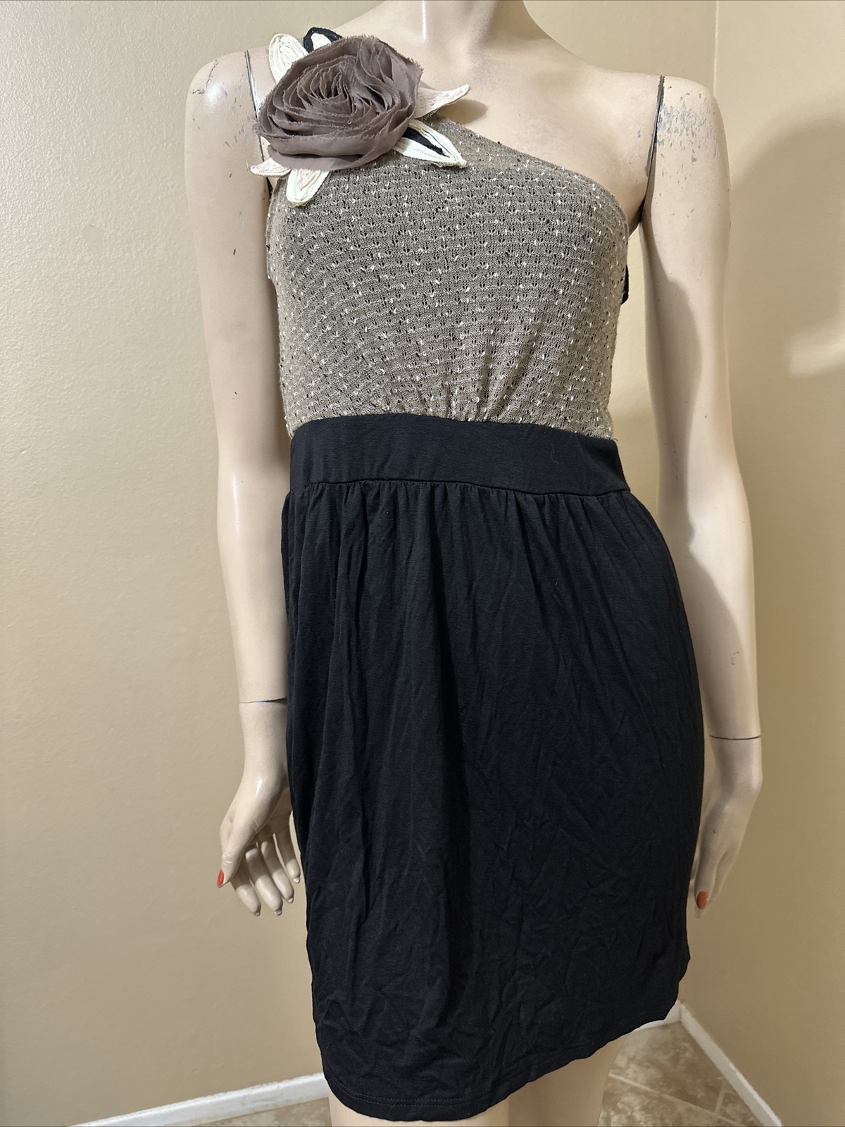 Women’s Black Brown Cotton Casual Summer Asymmetric Flower Stretch Size M Dress