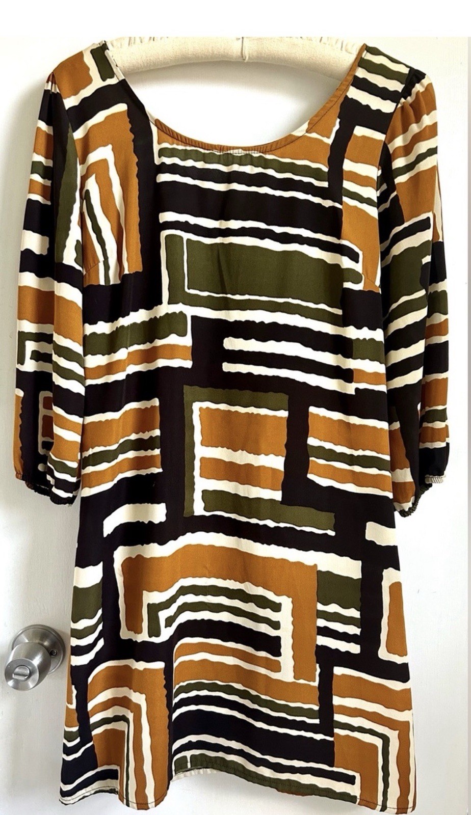 Women’s Retro Abstract Printed Puff Sleeve Short Dress w Full Zipper Back Size M