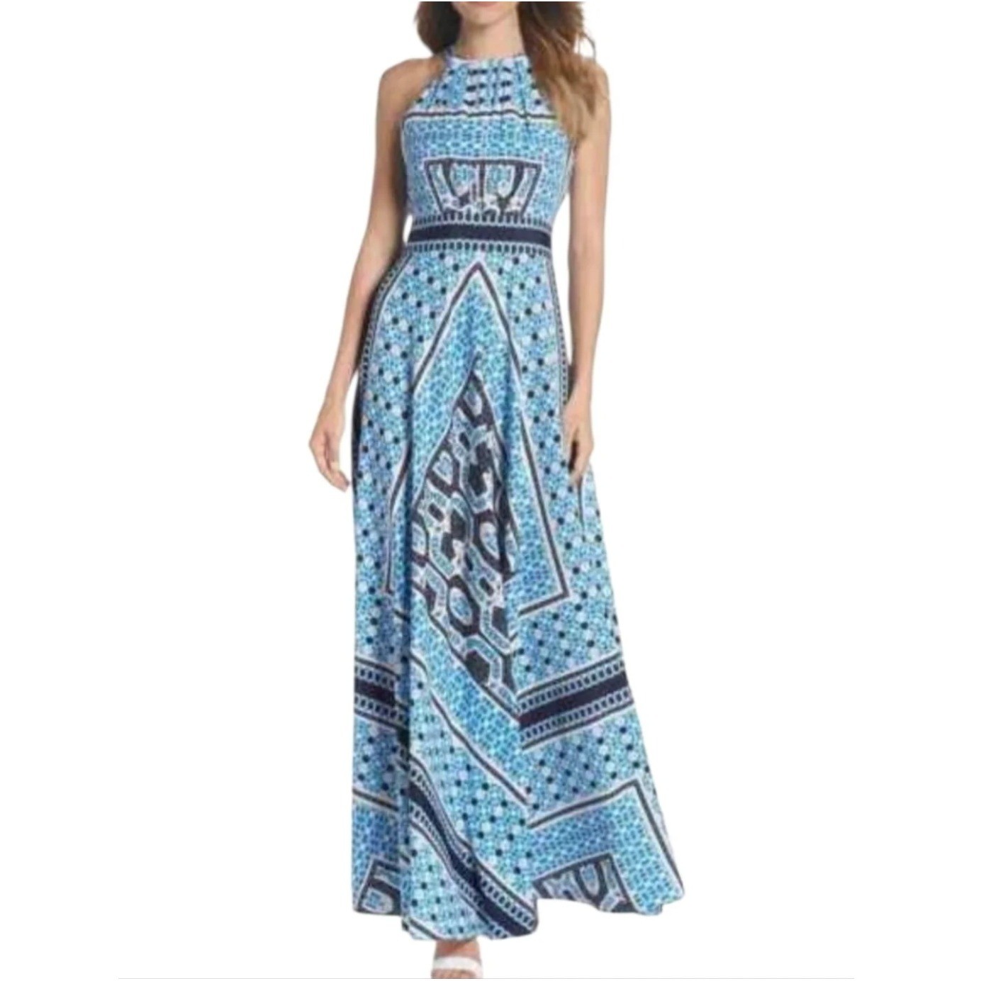 Eliza J Paisley Halter Maxi Dress Blue Boho Scarf Print Women’s Sz 4 EUC