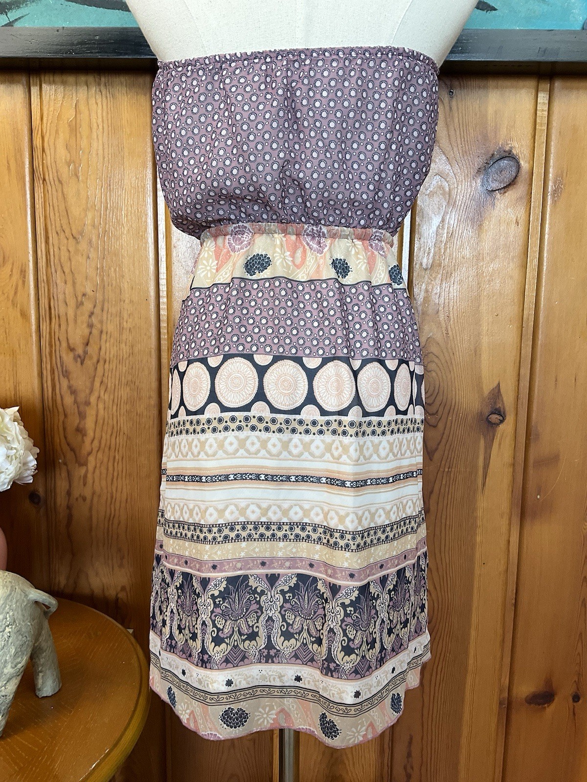 Medium Strapless Dress Purple Tan Paisley Boho Pattern Light Navy Blue Stripe