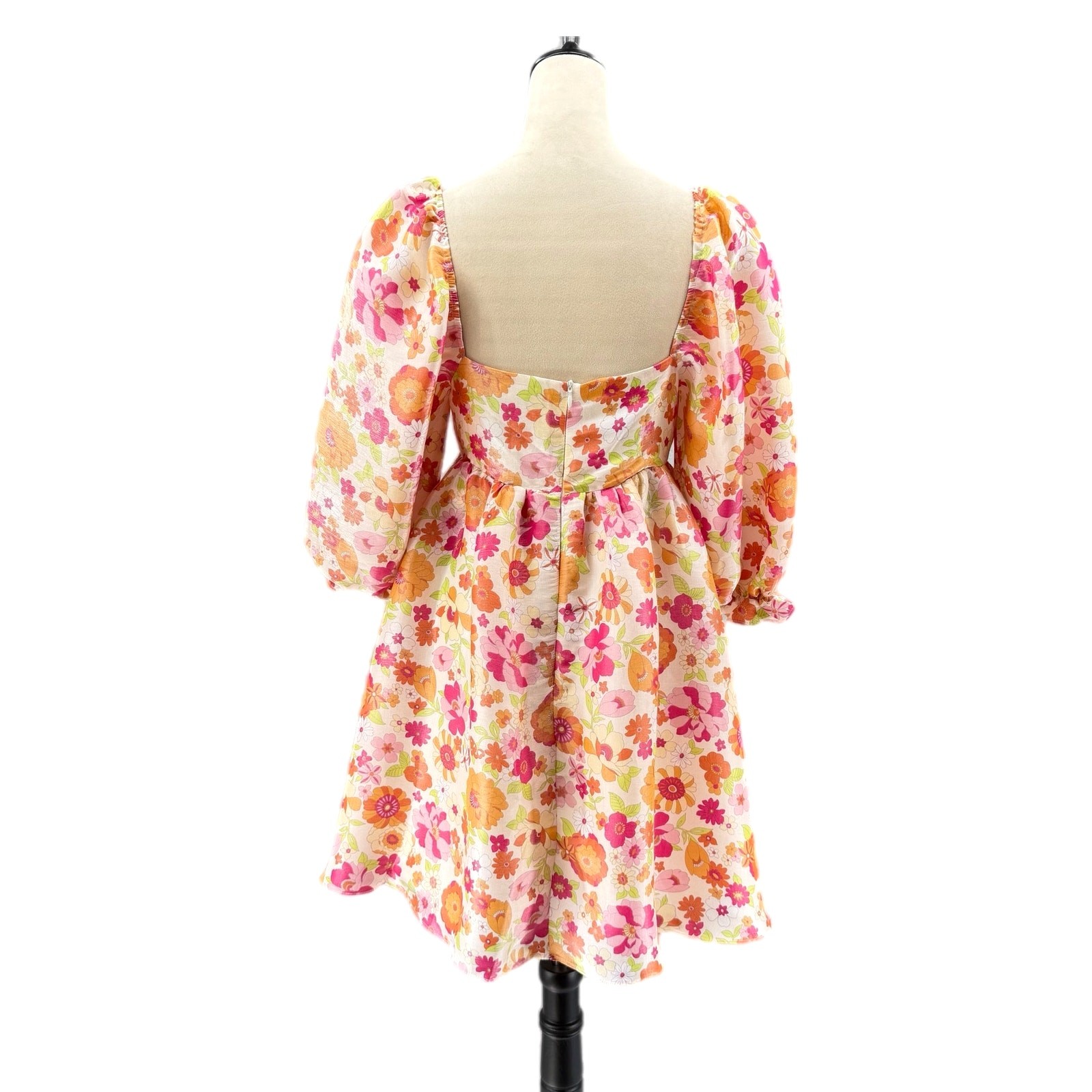 Storia M White Pink Shiny Floral Square Neck Puff 3/4 Sleeve Babydoll Mini Dress