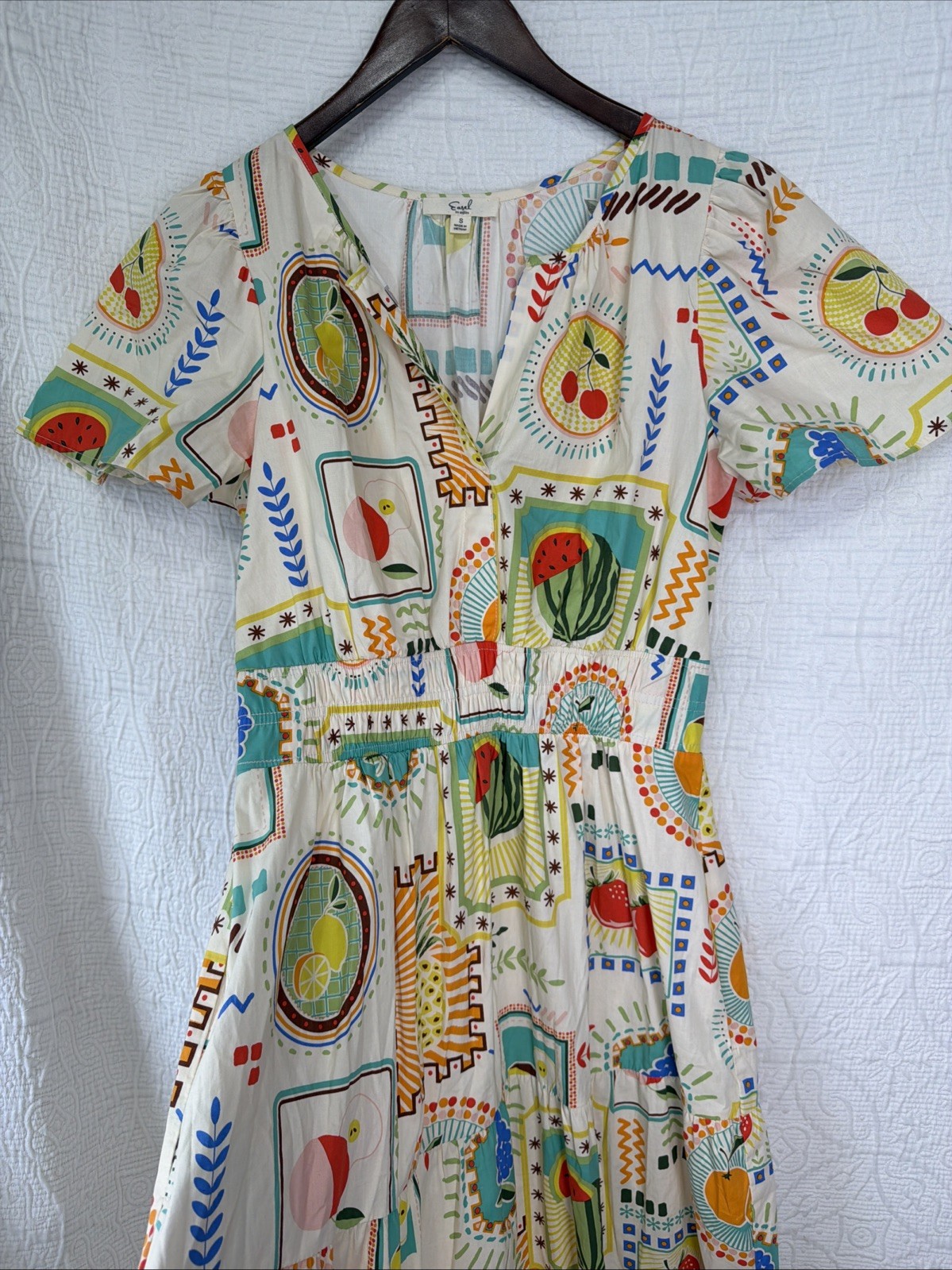 Easel Fruit Print Cotton Tiered Midi Dress Small Short Sleeve Garden Cottagecore