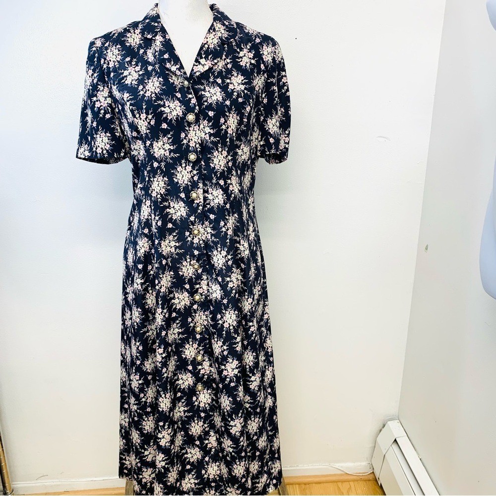 Leslie Fay Midi Blue Floral Pearl Button Front Dress 8P Cottagecore Office Retro