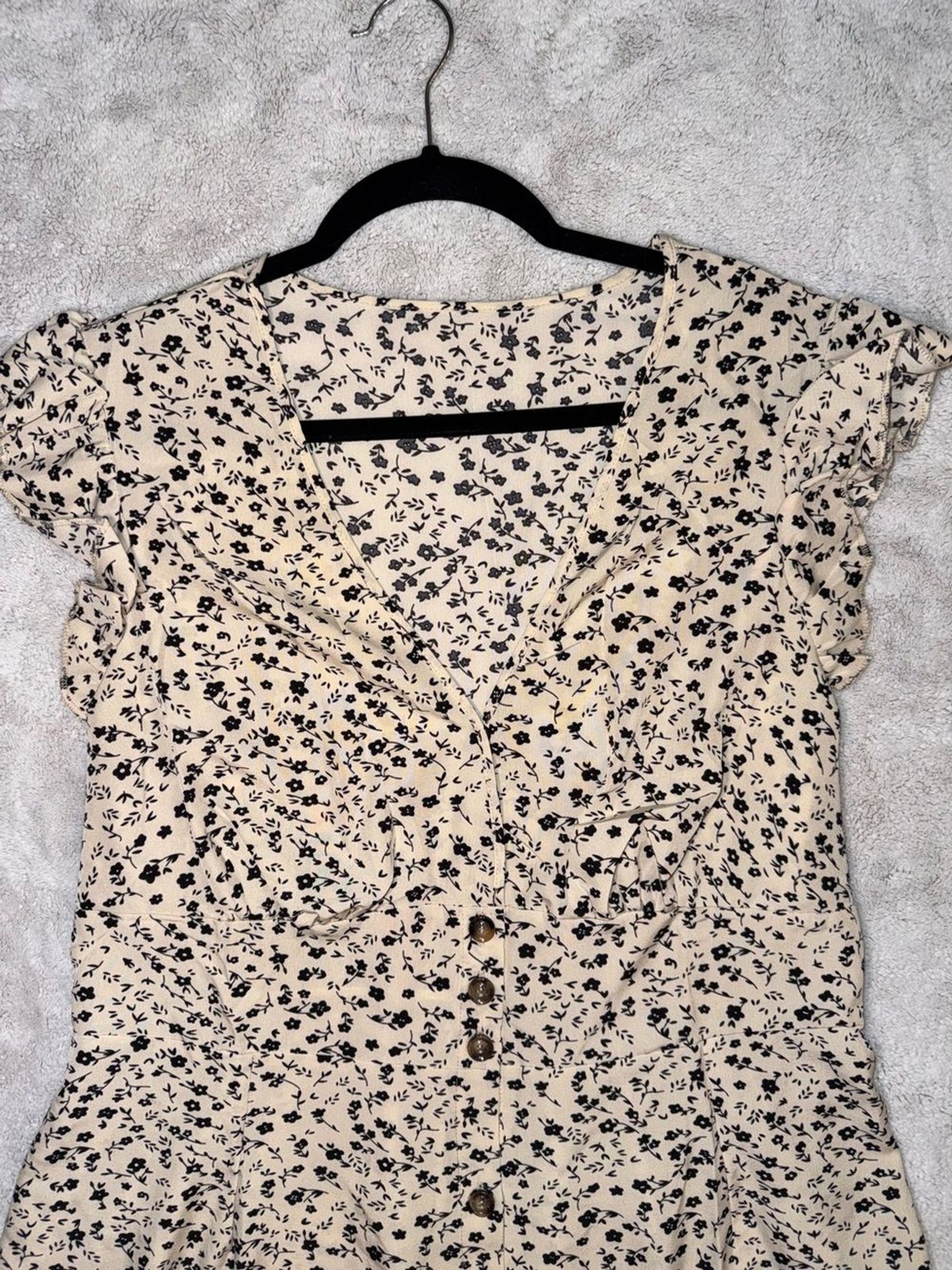 Floral Ruffle Sleeve Button Front Mini Dress Cottagecore Boho Cream Black