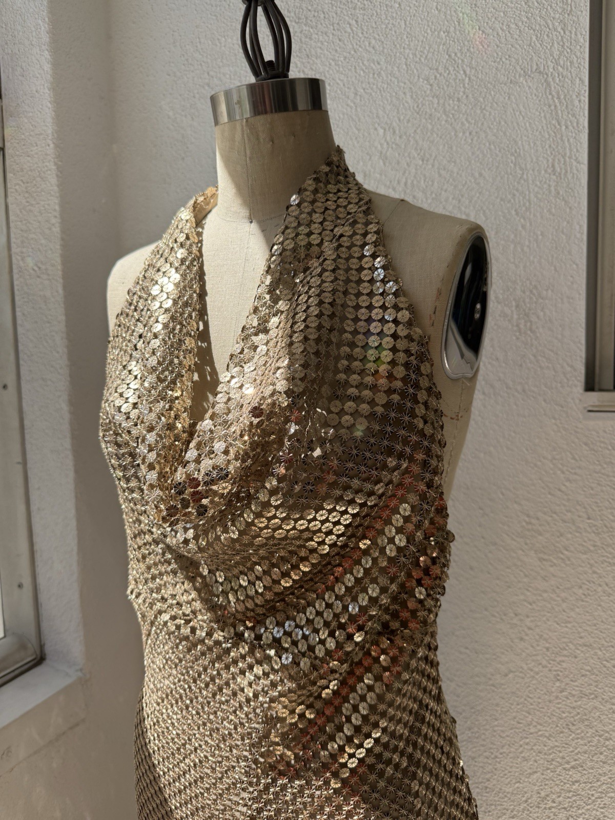 Zara Gold Halter Cowl Neck Open Back Sequin Midi Dress Size l