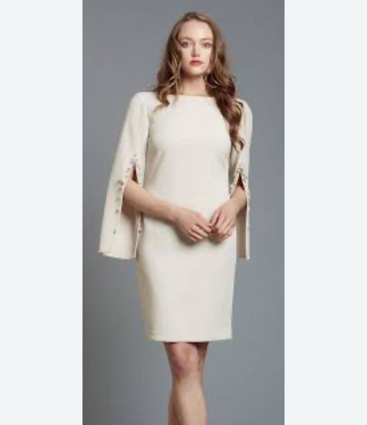 Alberto Makali Split Sleeve Dress Cream Size 8 Womens Lined Pearl Embellished